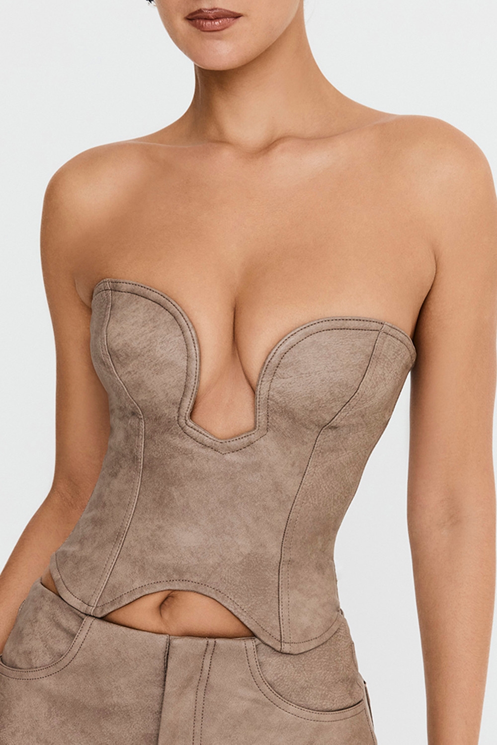 Mistress Rocks Mocha Vegan leather Strapless Corset - SALE