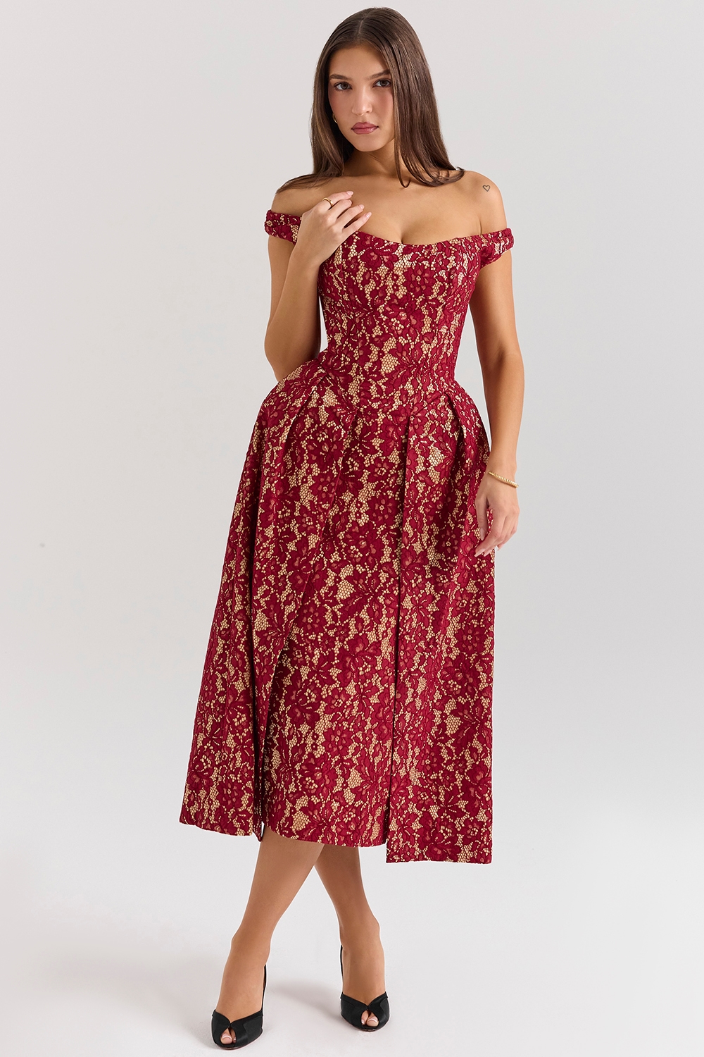 Charming  Gold and Berry Lace Midi Off Shoulder Dress — image 3