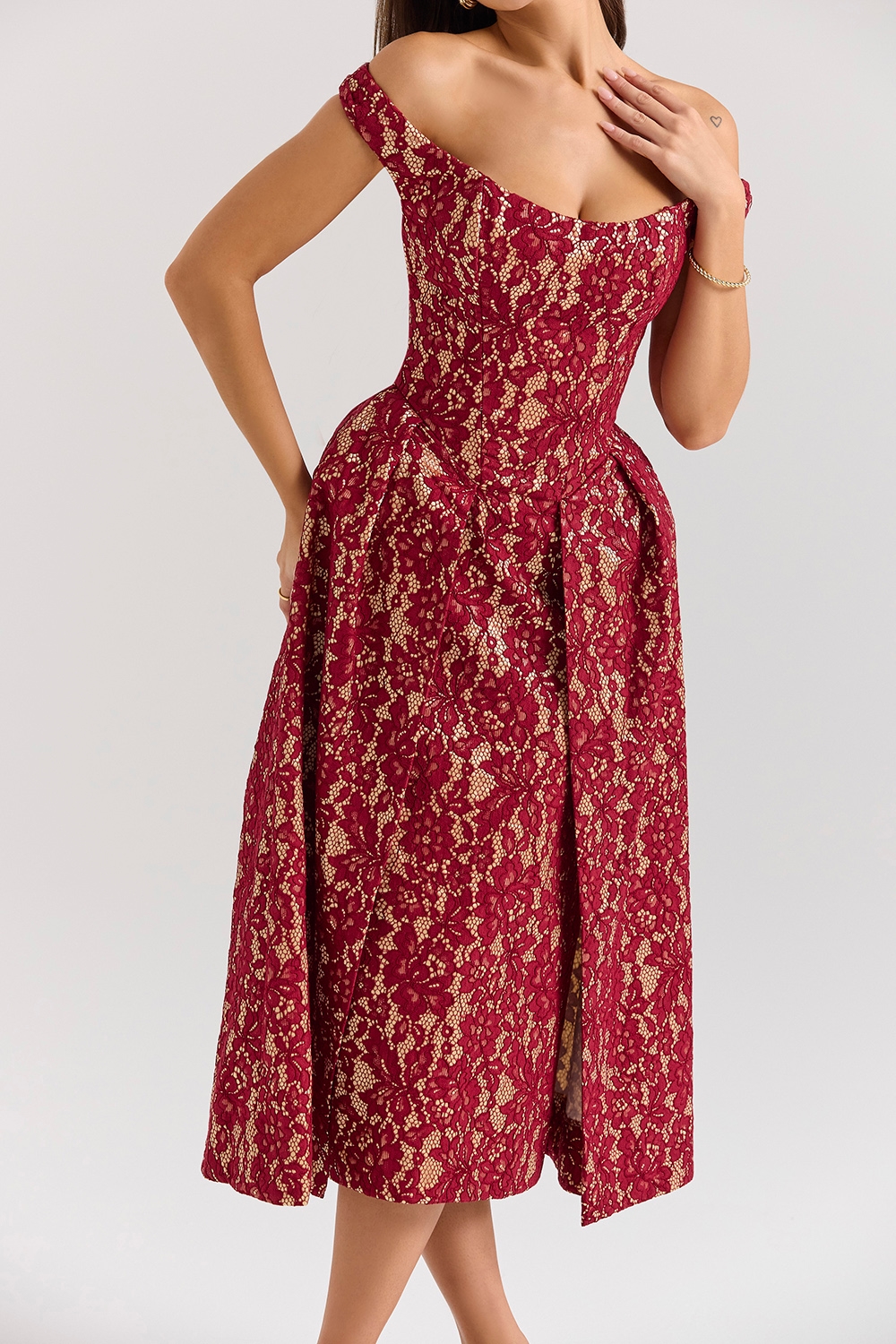 Charming  Gold and Berry Lace Midi Off Shoulder Dress — image 5