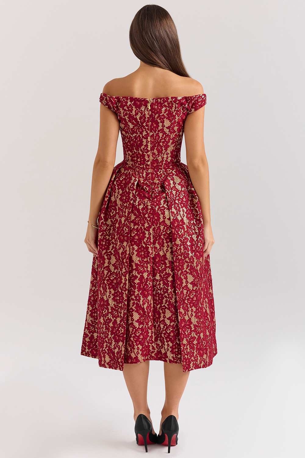 Charming  Gold and Berry Lace Midi Off Shoulder Dress — image 8