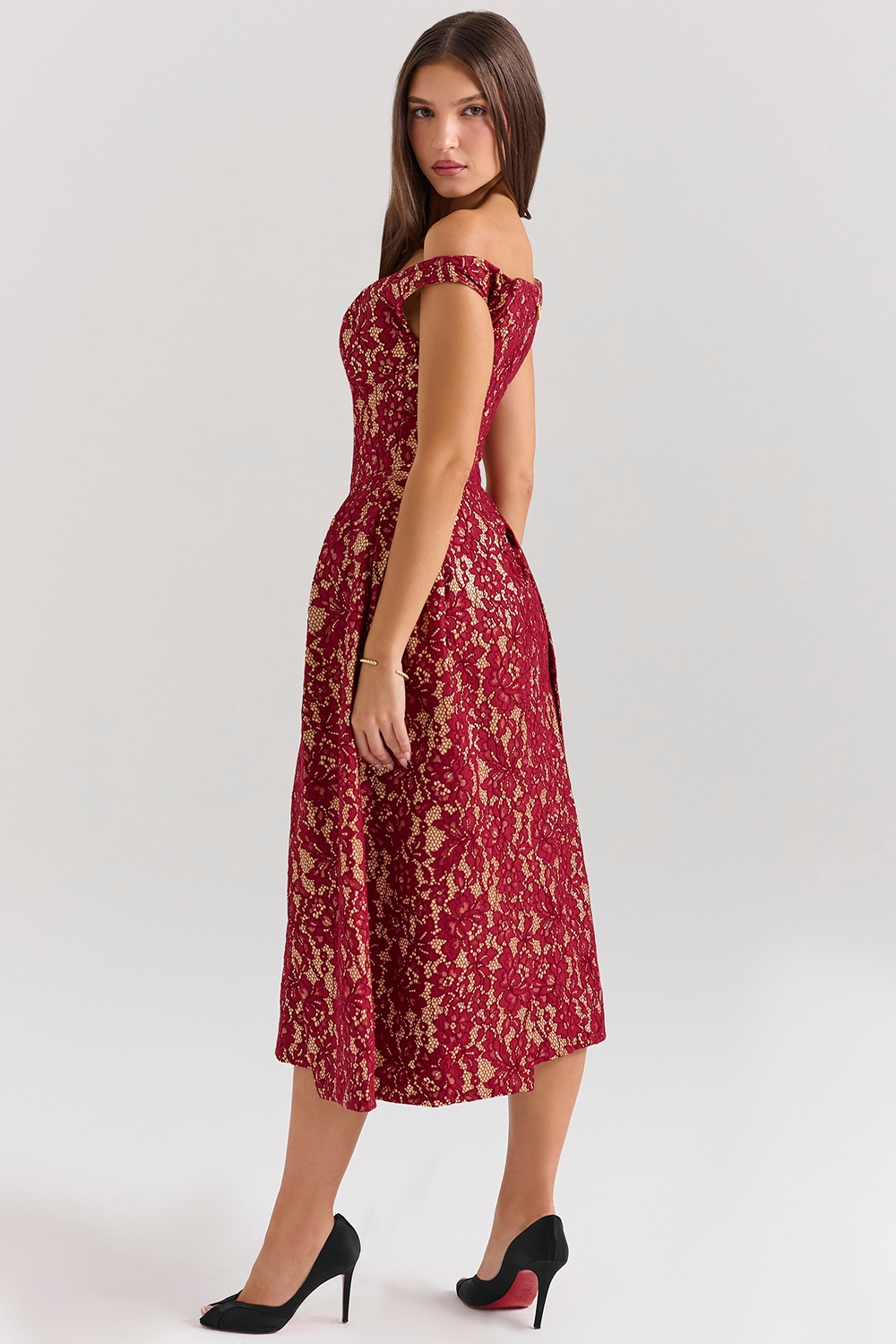 Charming  Gold and Berry Lace Midi Off Shoulder Dress — image 7