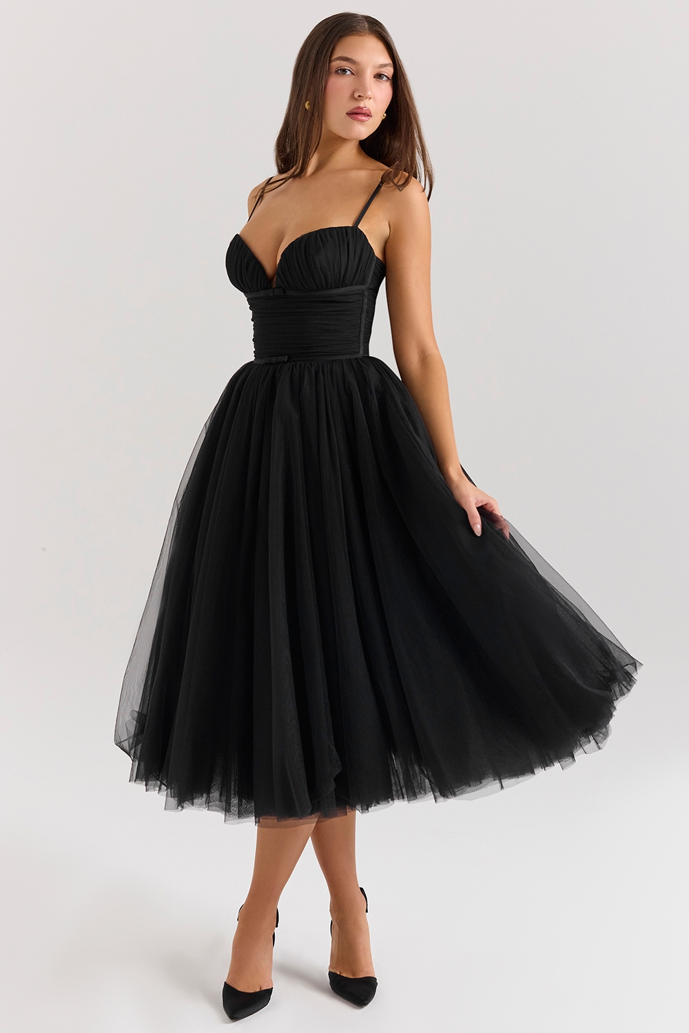 Countess  Black Tulle Ruched Bodice Midi Dress — image 1