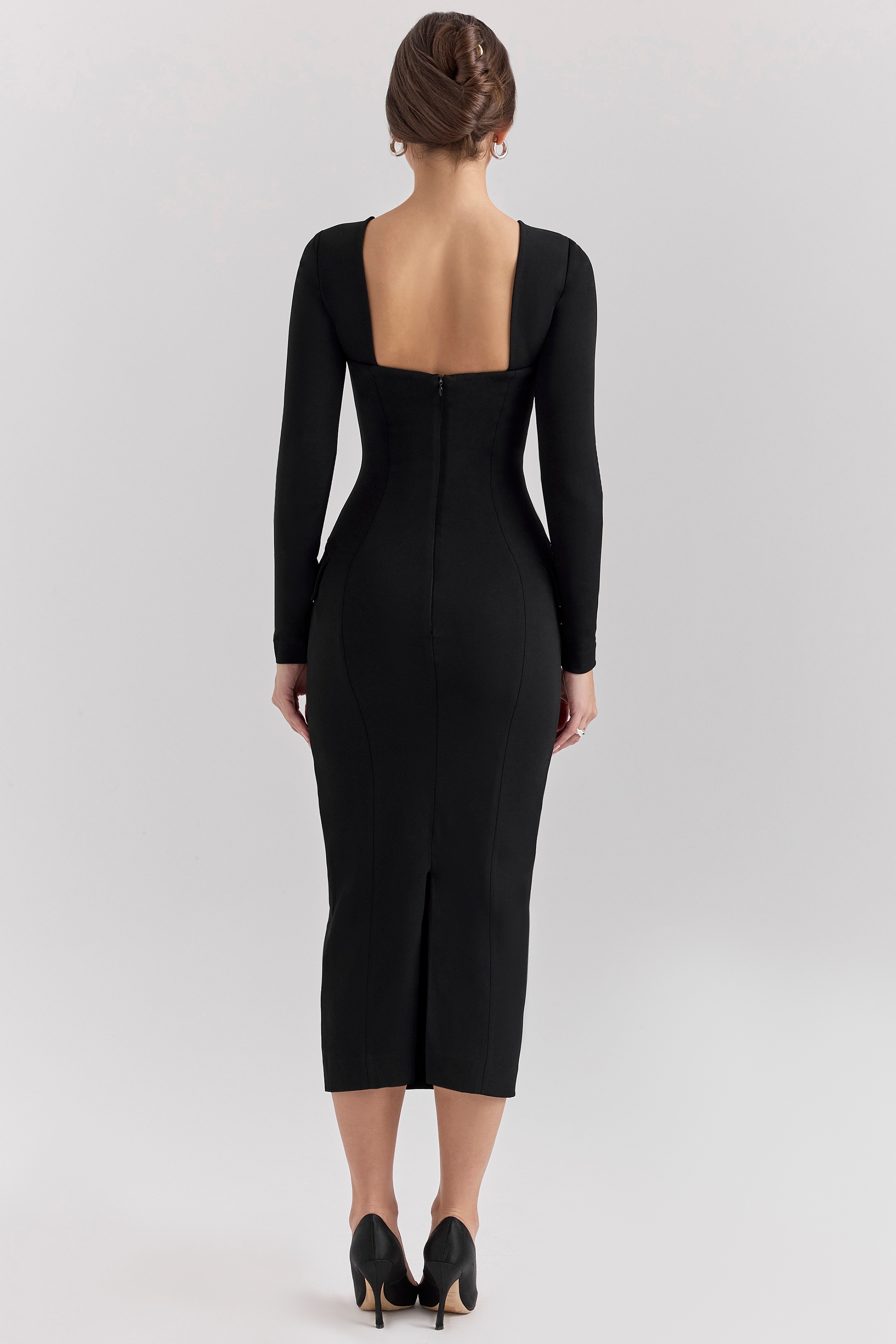 Ella  Black Stretch Crepe Long Sleeve Midi Dress — image 6