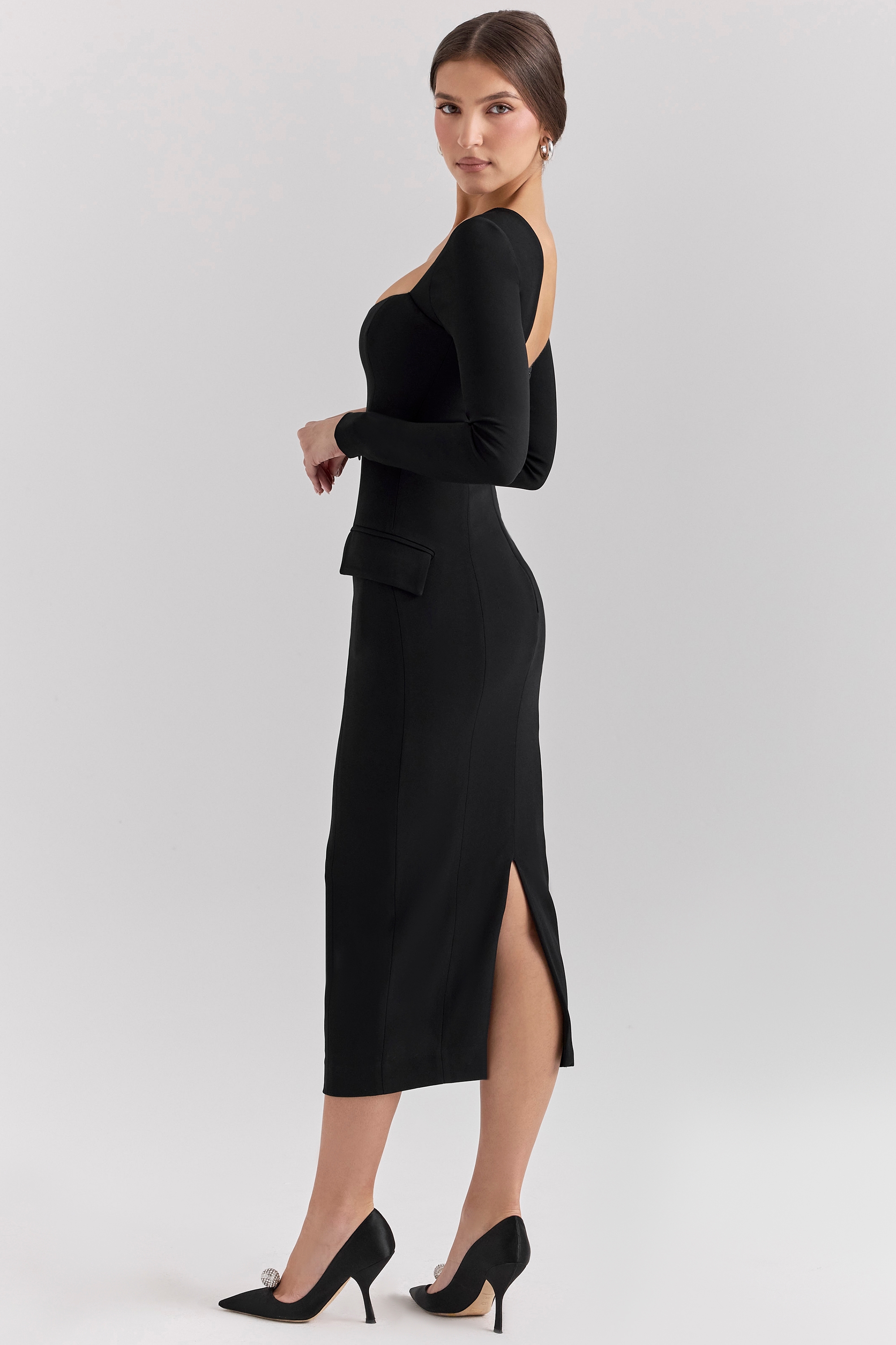 Ella  Black Stretch Crepe Long Sleeve Midi Dress — image 5