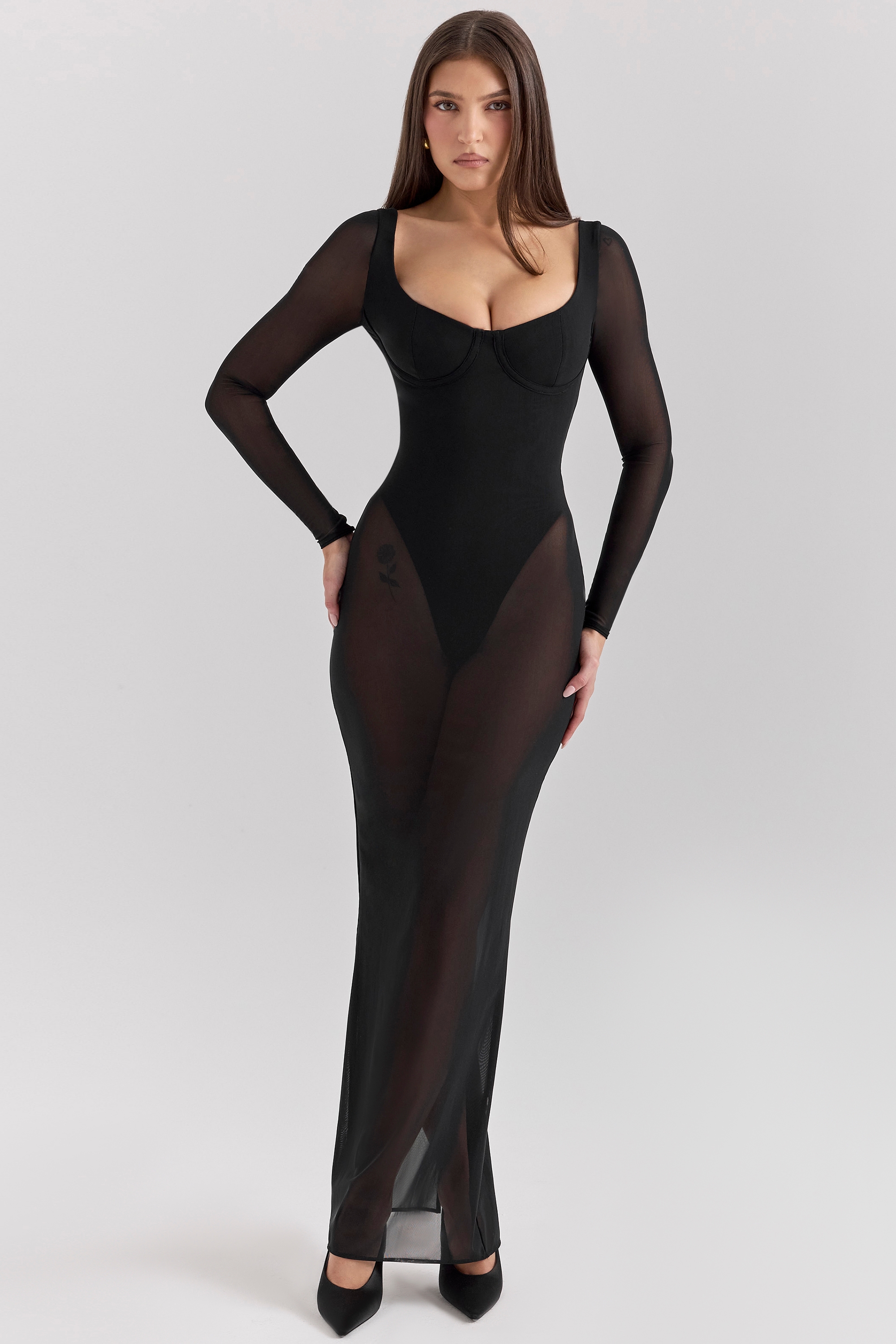 Everly  Black Mesh Maxi Dress with Bodysuit — image 3