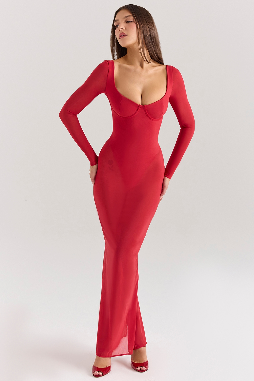 Everly  Holly Red Mesh Maxi Dress with Bodysuit — image 2