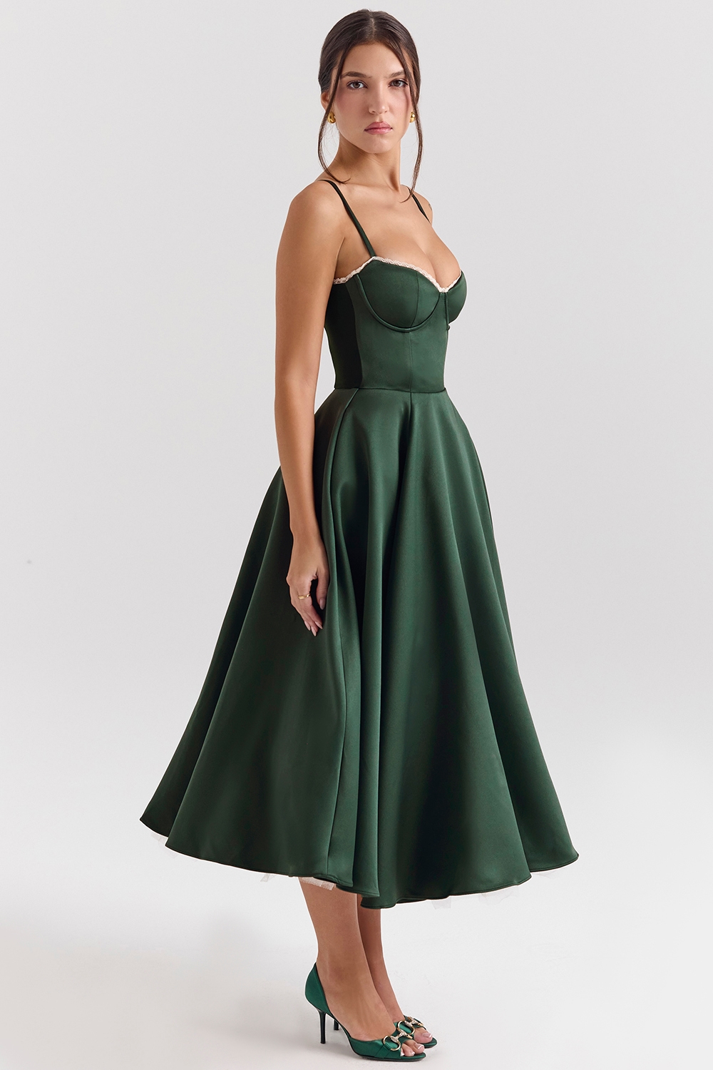 Mademoiselle  Forest Green Satin Tulle Midi Dress — image 5