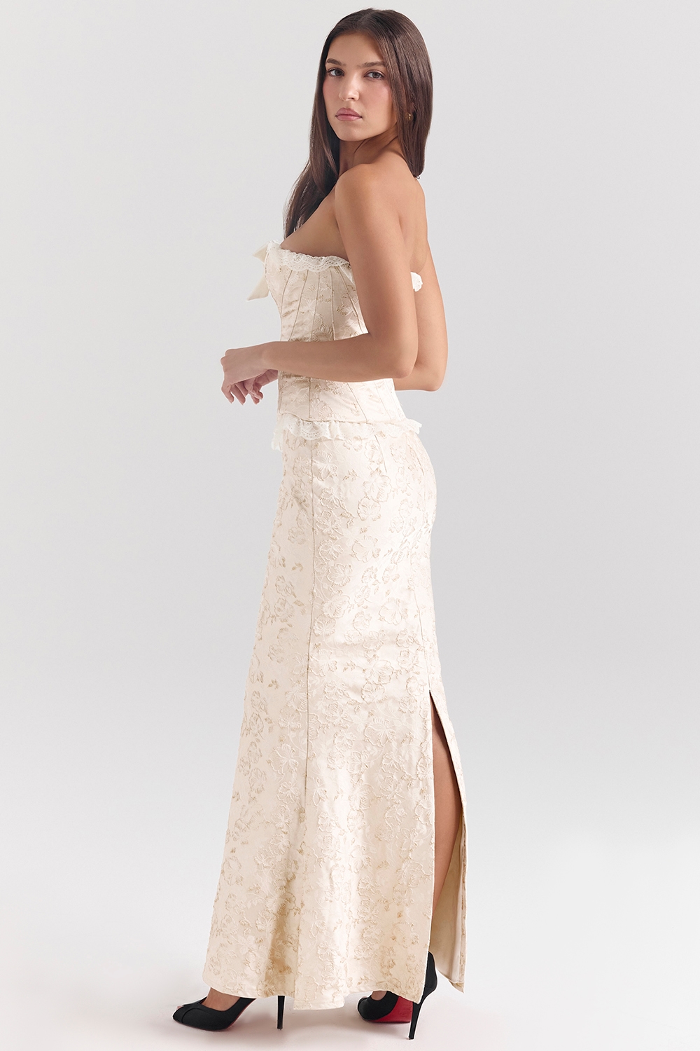 Mara  Ivory Metallic Jacquard Maxi Skirt — image 6