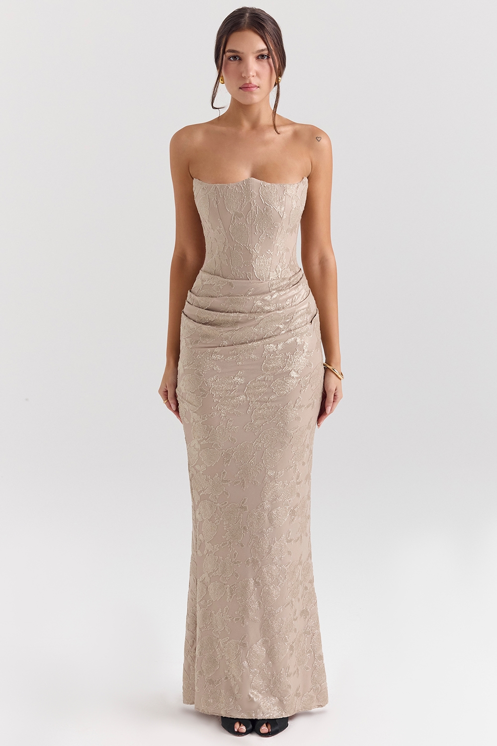 Persephone  Pale Gold Chiffon Mesh Strapless Corset Maxi Dress — image 5