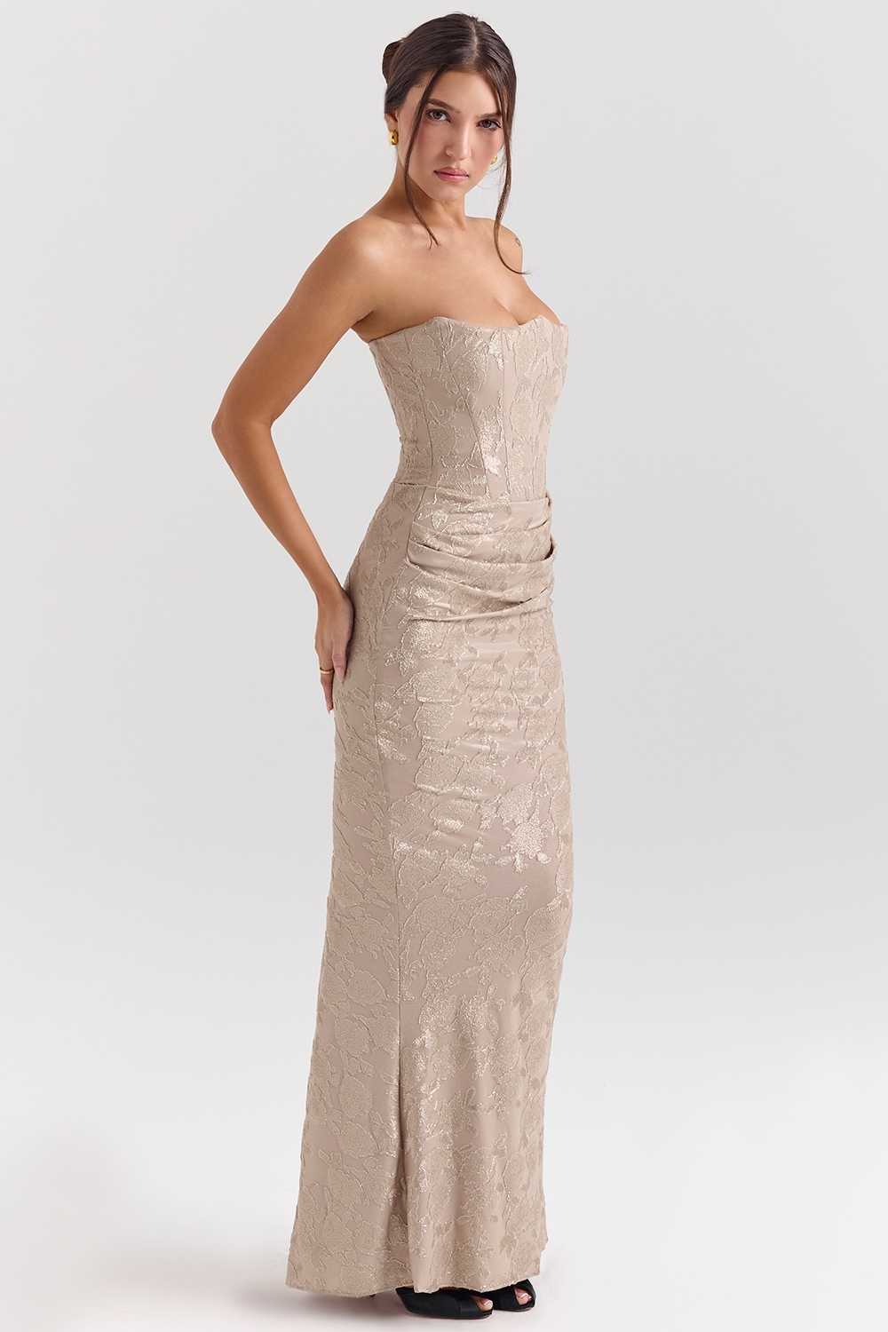 Persephone  Pale Gold Chiffon Mesh Strapless Corset Maxi Dress — image 6