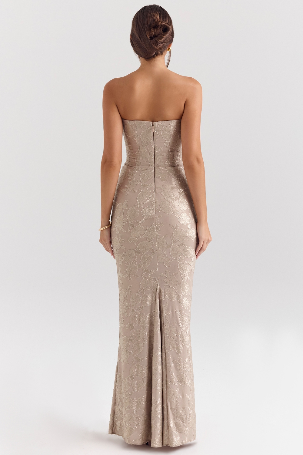 Persephone  Pale Gold Chiffon Mesh Strapless Corset Maxi Dress — image 8