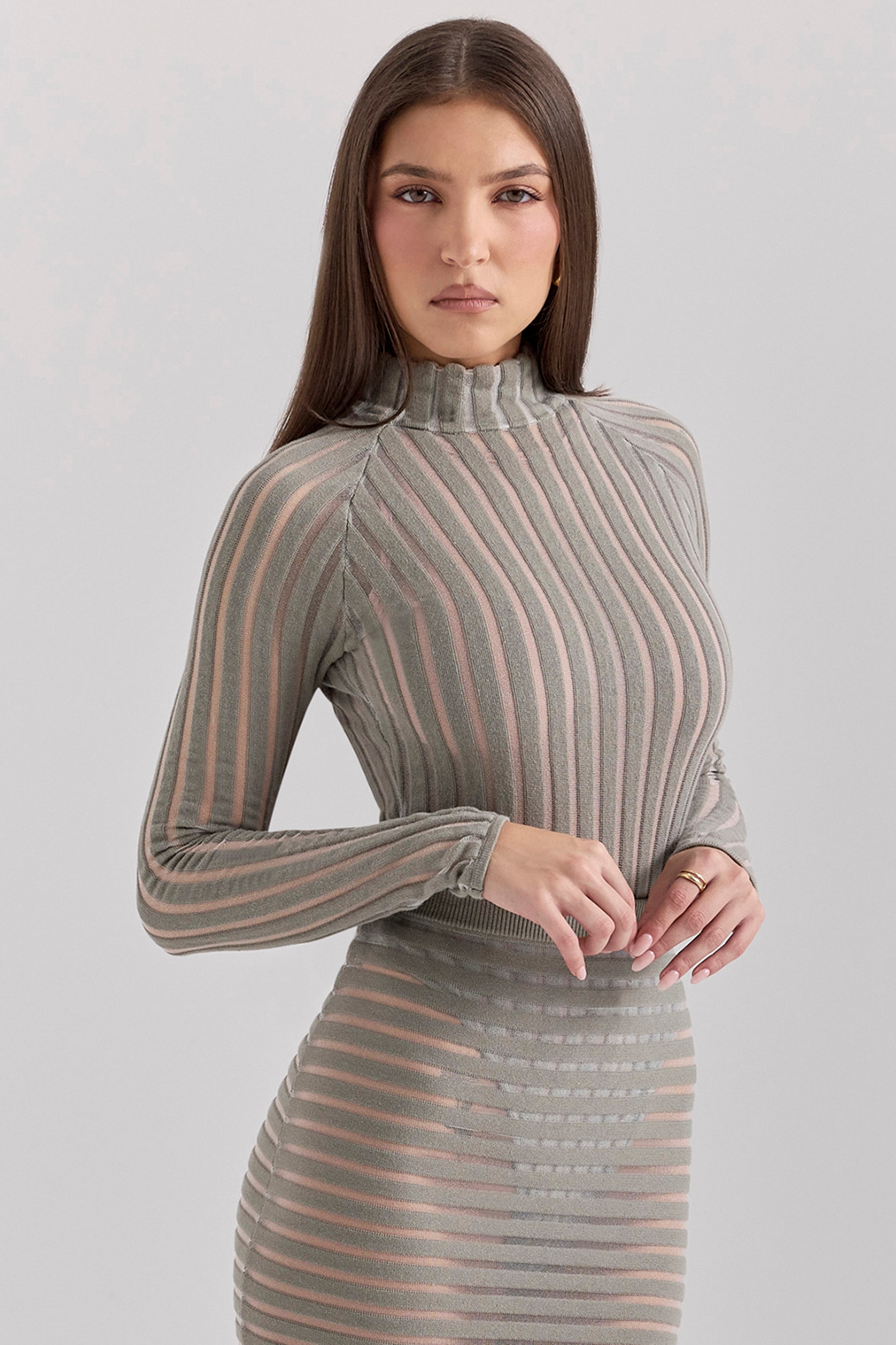 Rowena Grey Velour Sheer Striped Bodysuit
