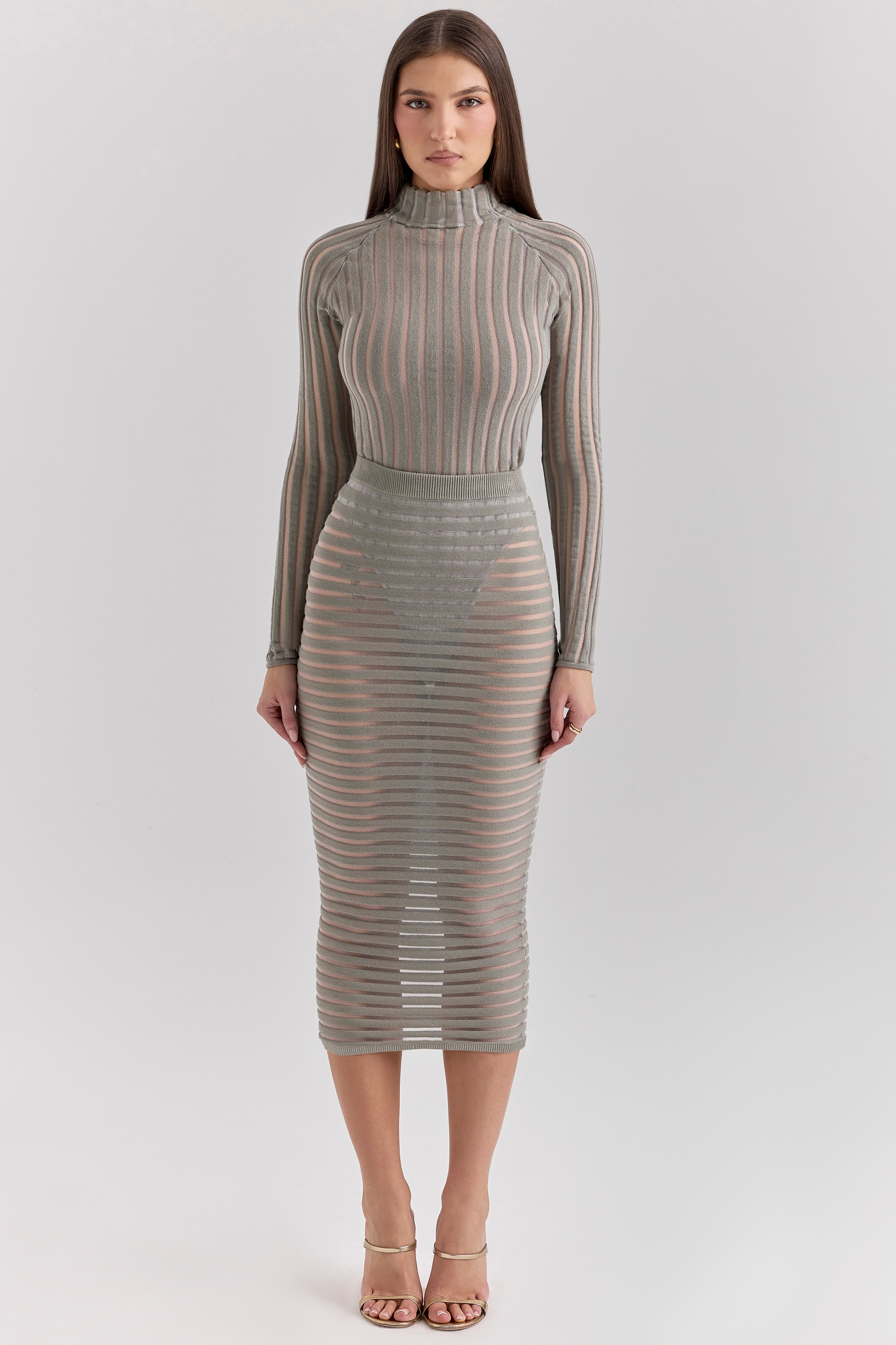 Margo  Grey Velour Sheer Striped Midi Skirt — image 1