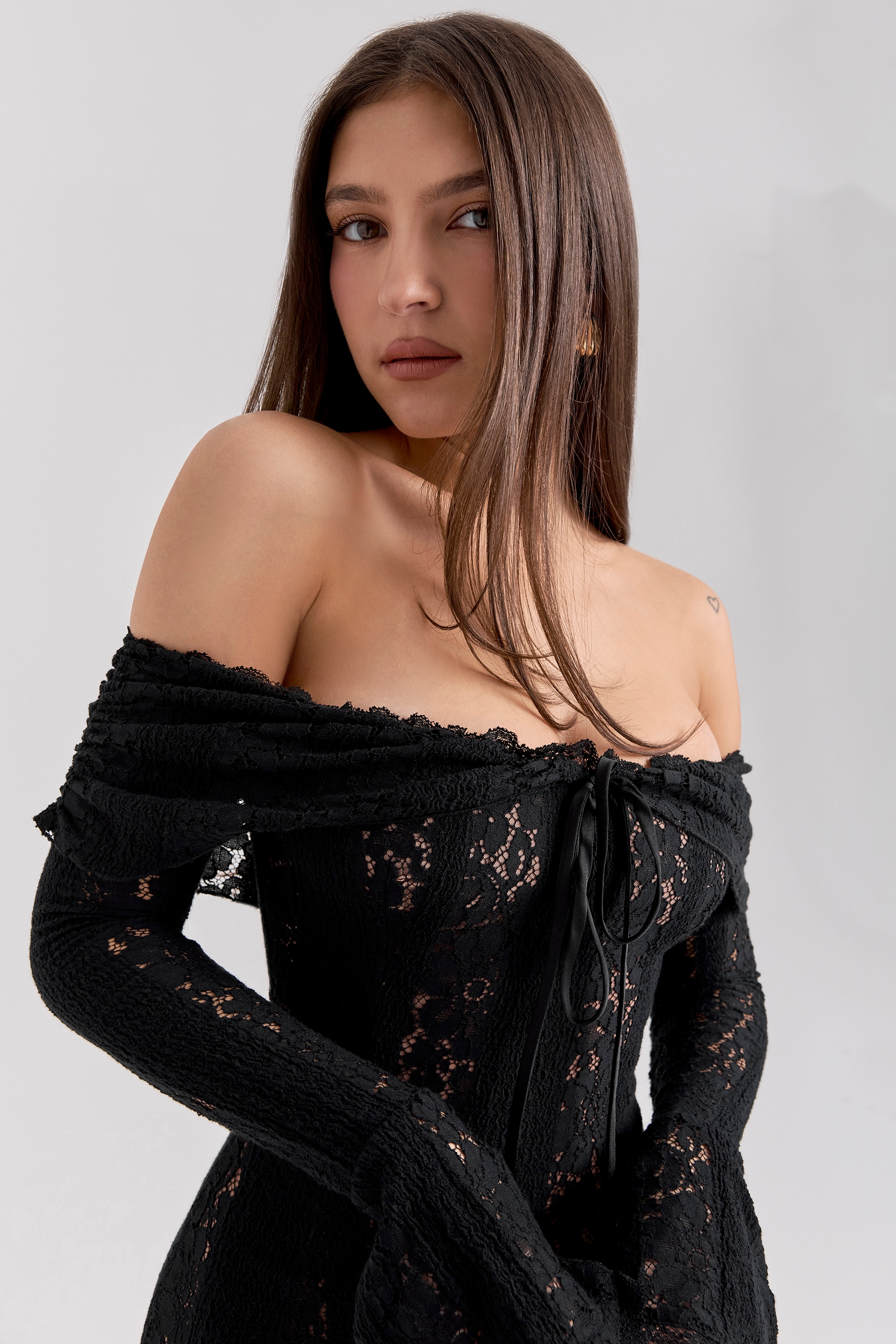 Sadie  Black Floral Lace Off Shoulder Mini Dress — image 5