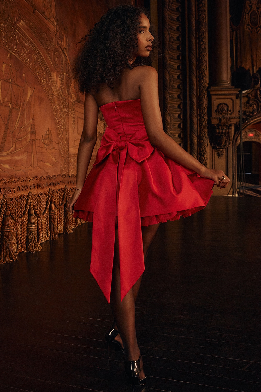 Salome  Holly Red Satin Detachable Bow Mini Dress — image 13