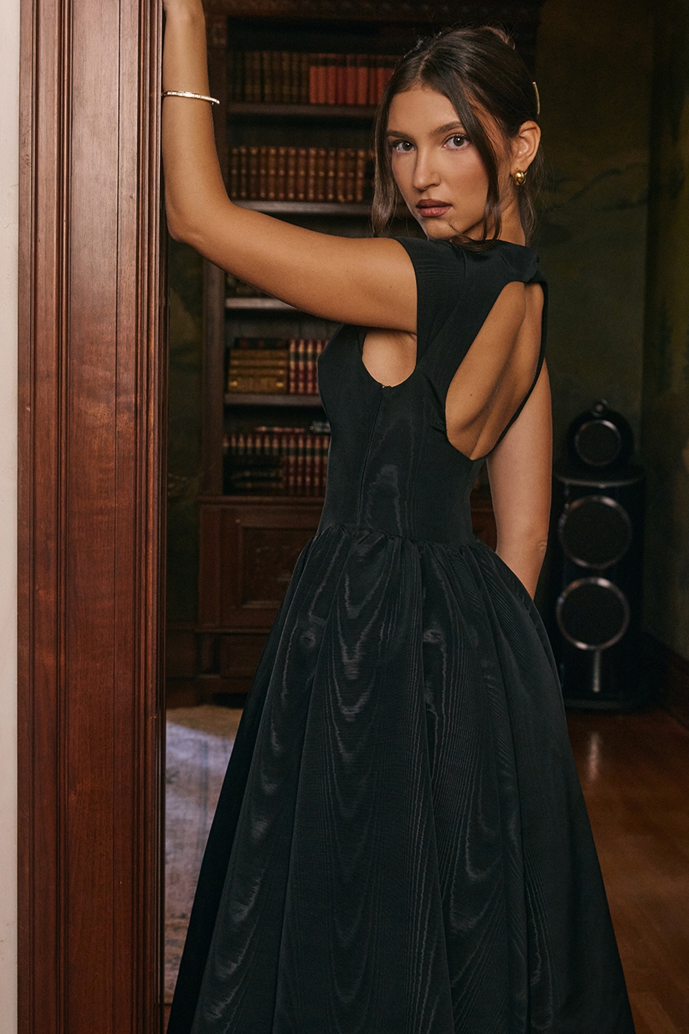 Debutante  Black Moire Satin Backless Midi Dress — image 9