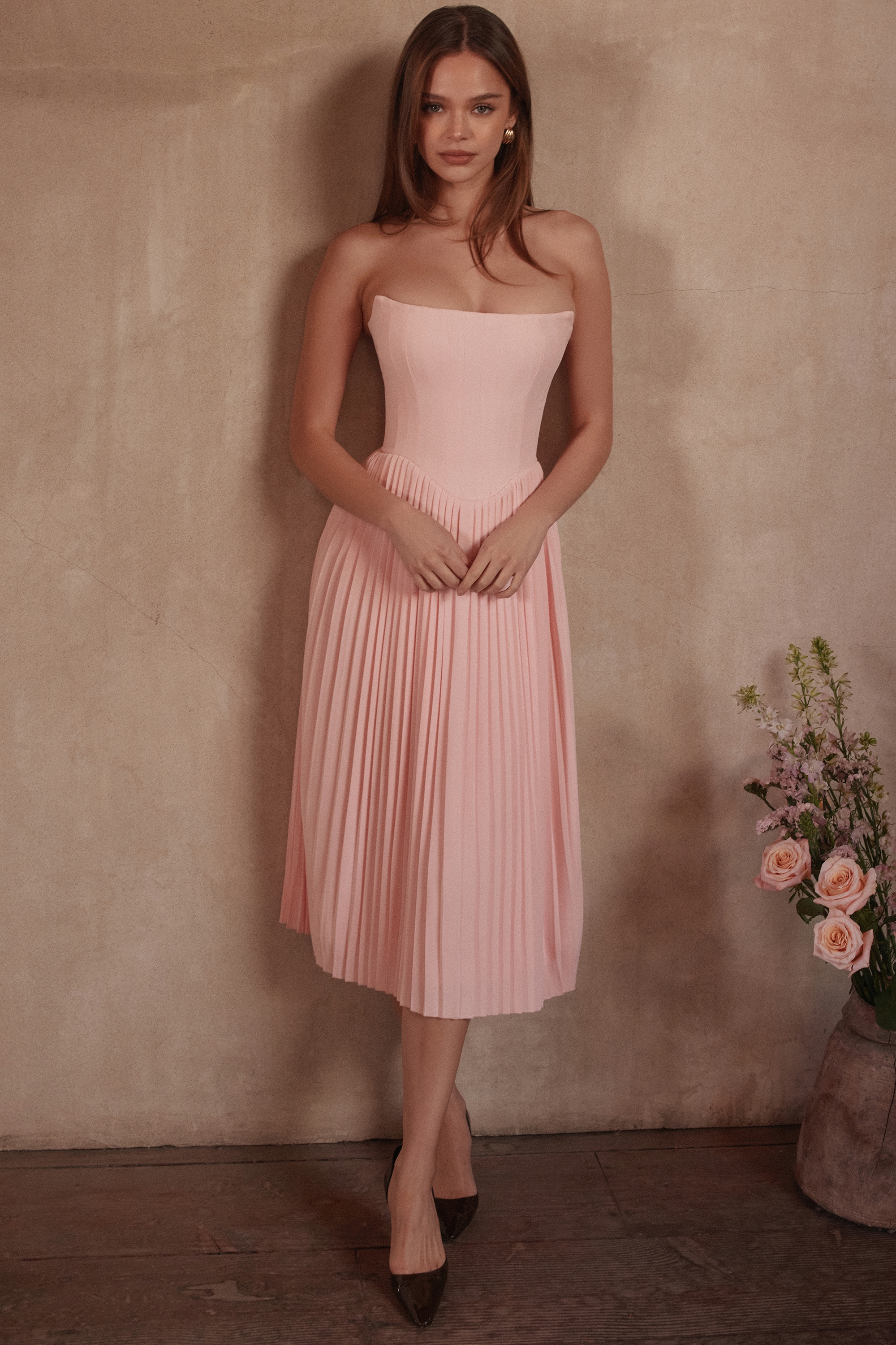 Marci  Pink Pleated Midi Corset Dress — image 12