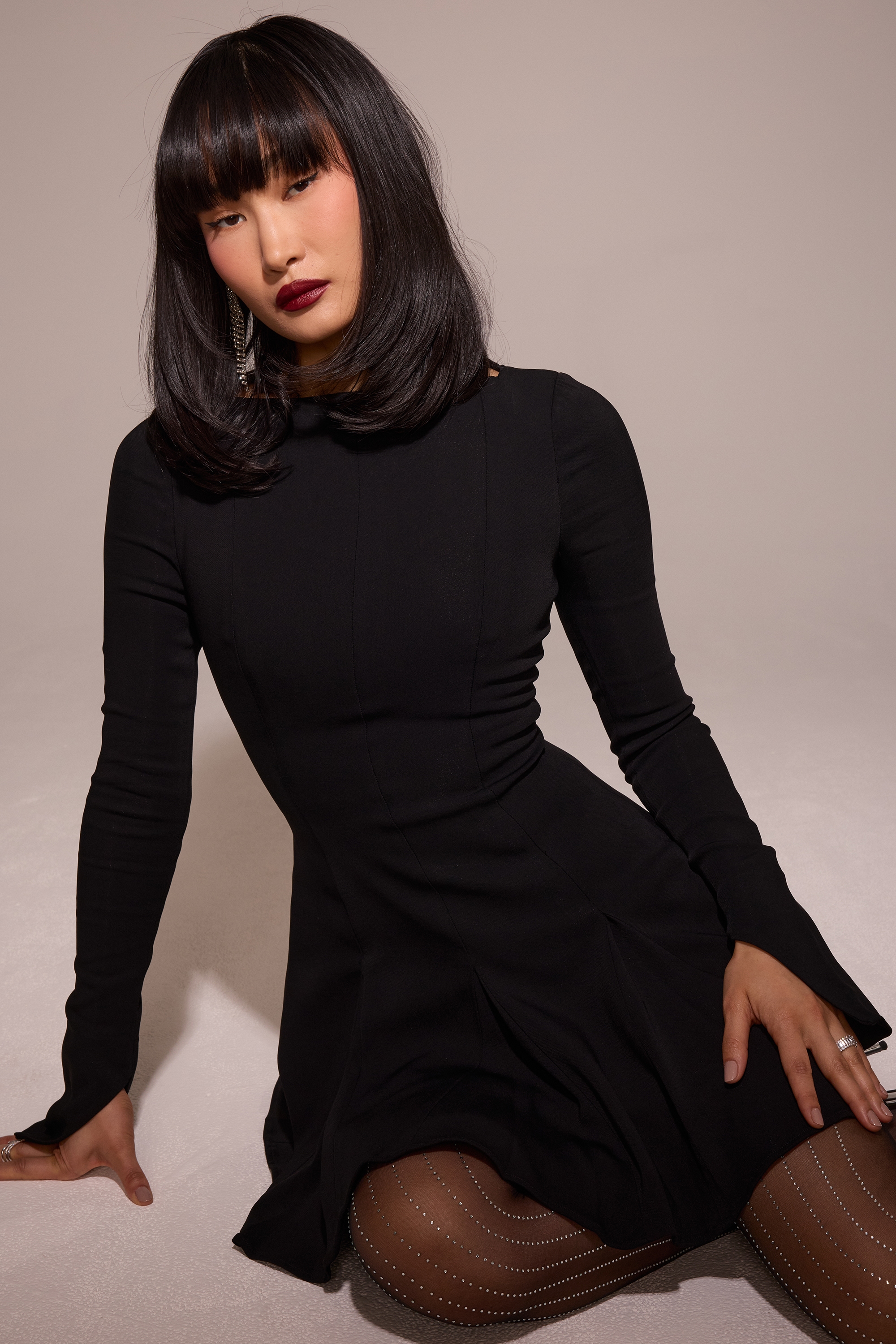 Francesca  Black Stretch Crepe Godet Mini Dress — image 11