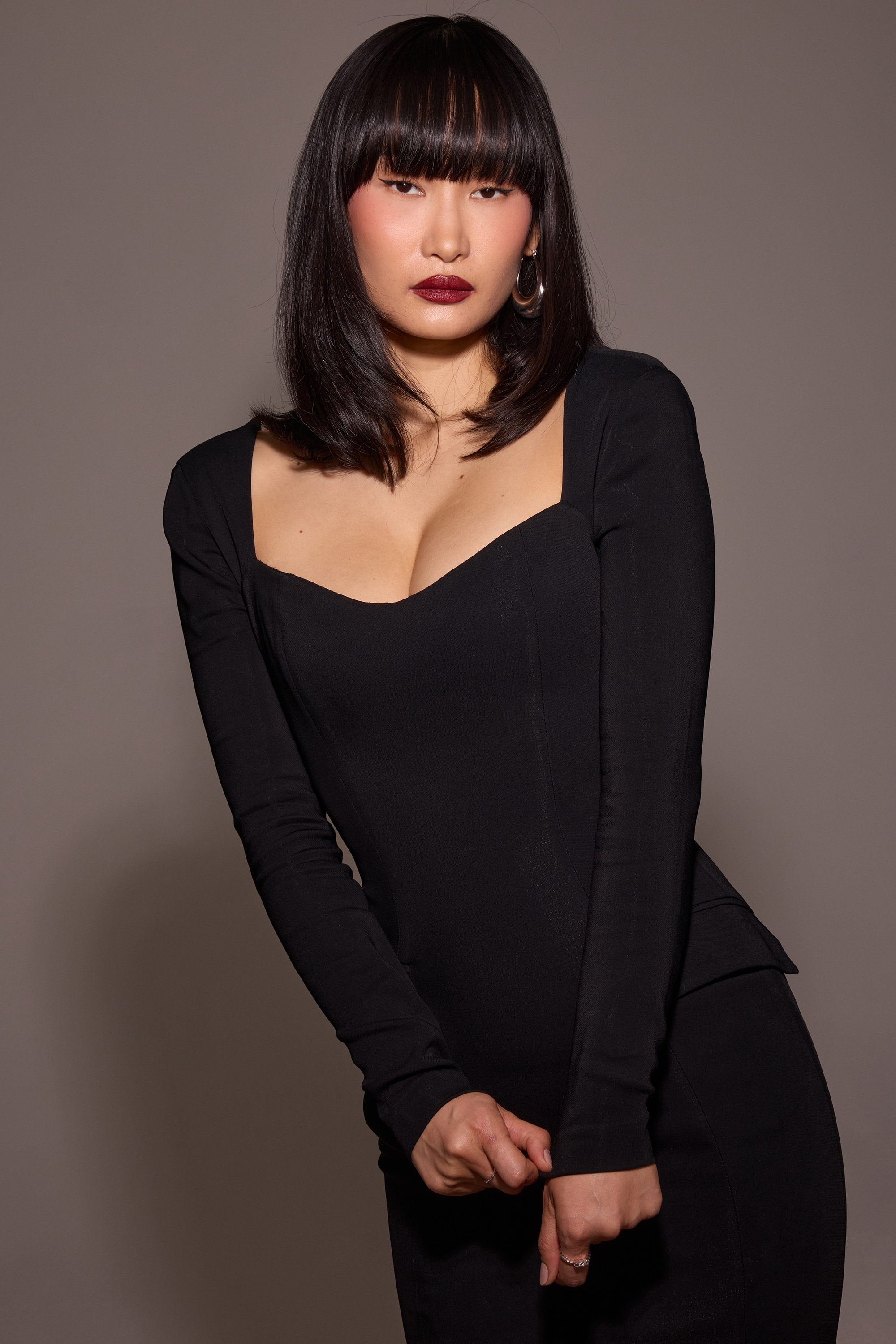 Ella  Black Stretch Crepe Long Sleeve Midi Dress — image 9