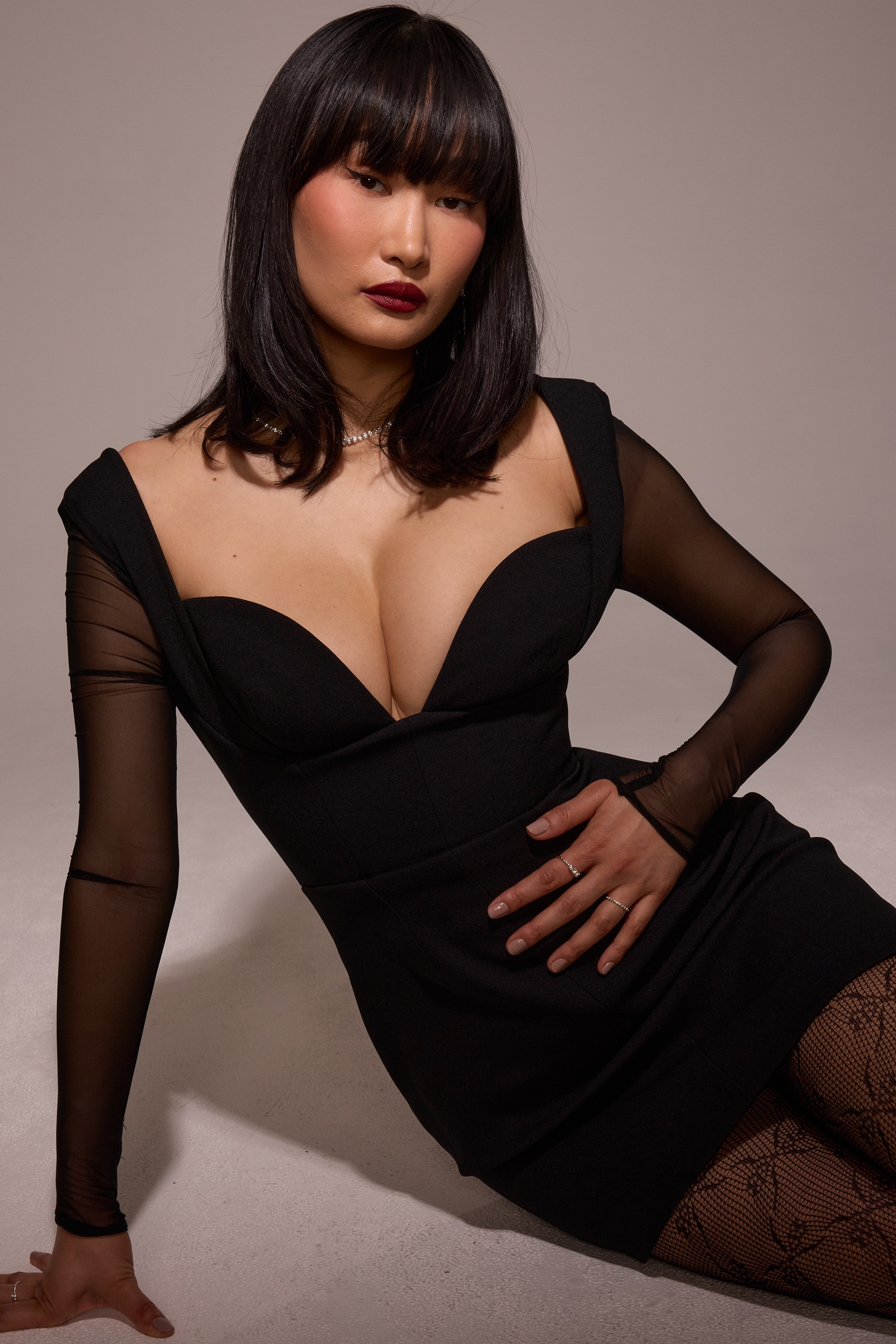 Angelie  Black Stretch Crepe Plunge Mini Dress — image 13