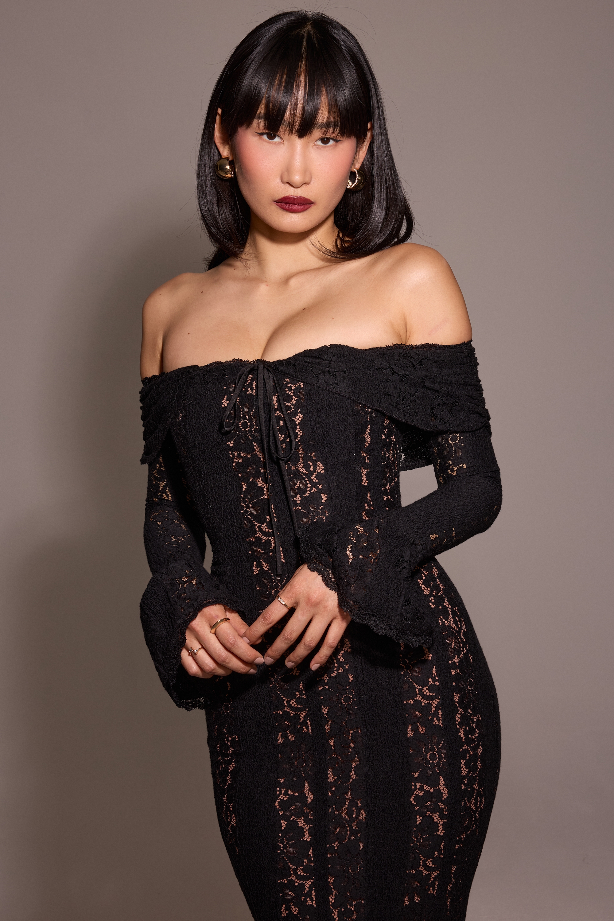 Belle  Black Off Shoulder Floral Lace Maxi Dress — image 12