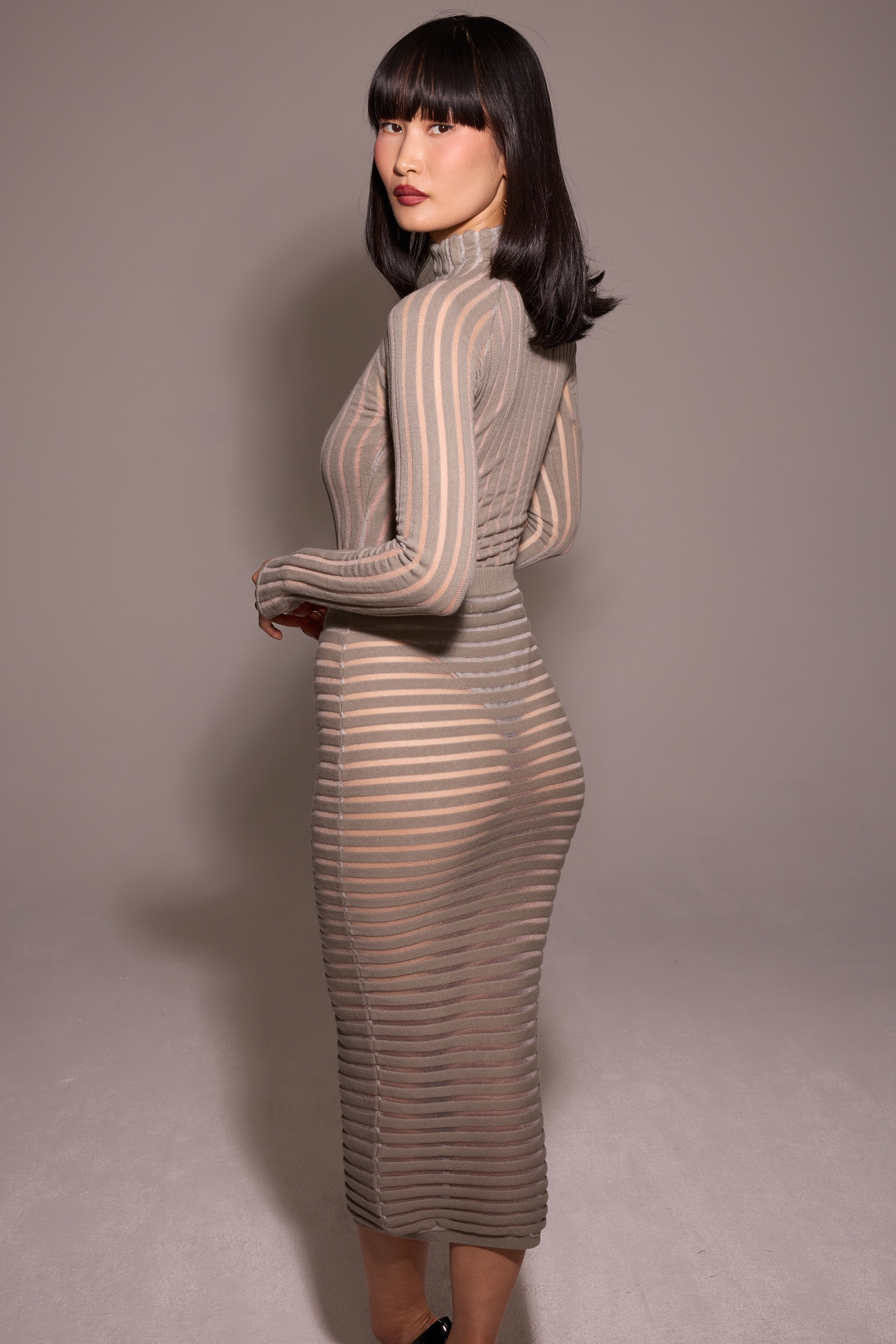 Margo  Grey Velour Sheer Striped Midi Skirt — image 10