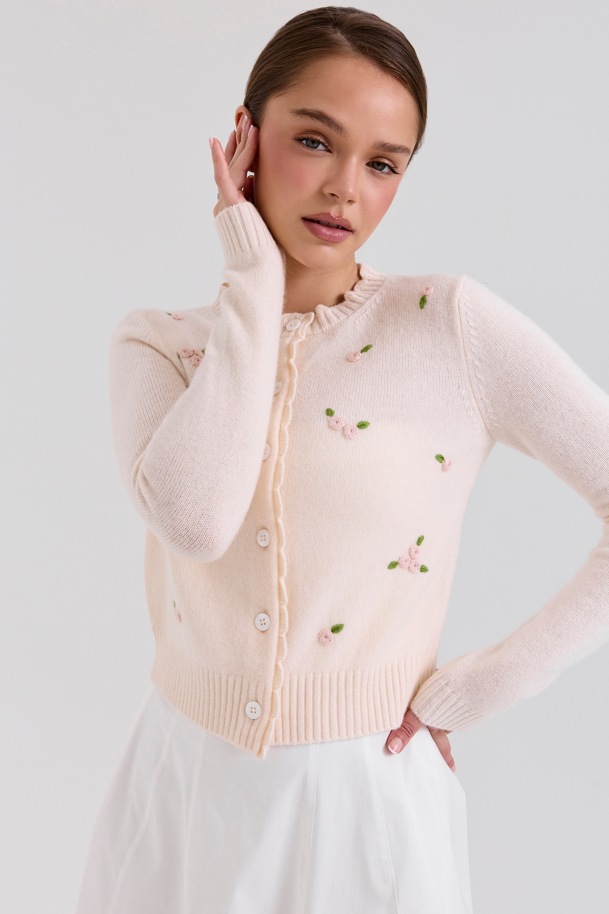 Anjou Cream Lambswool Rose Embroidered Cardigan