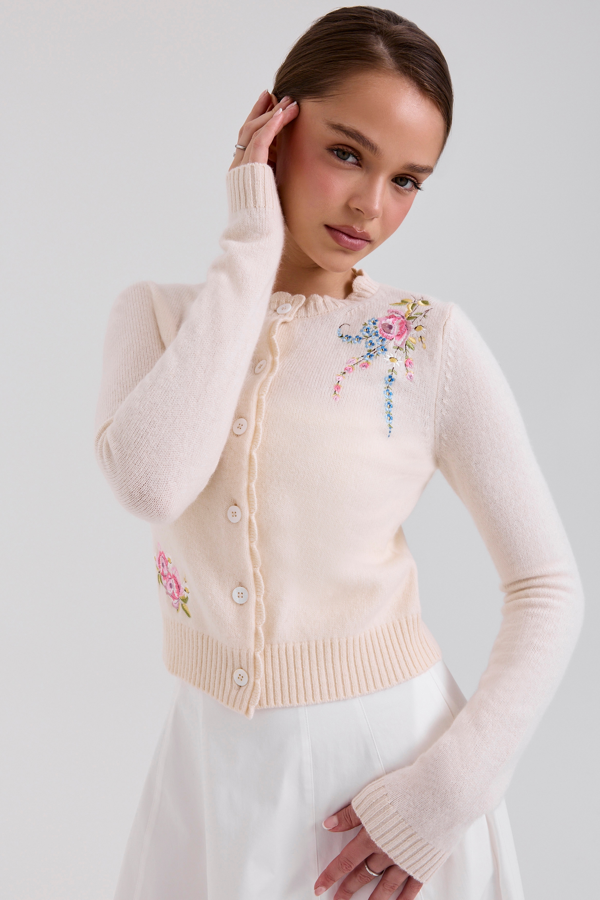 Anjou Cream Lambswool Floral Embroidered Cardigan