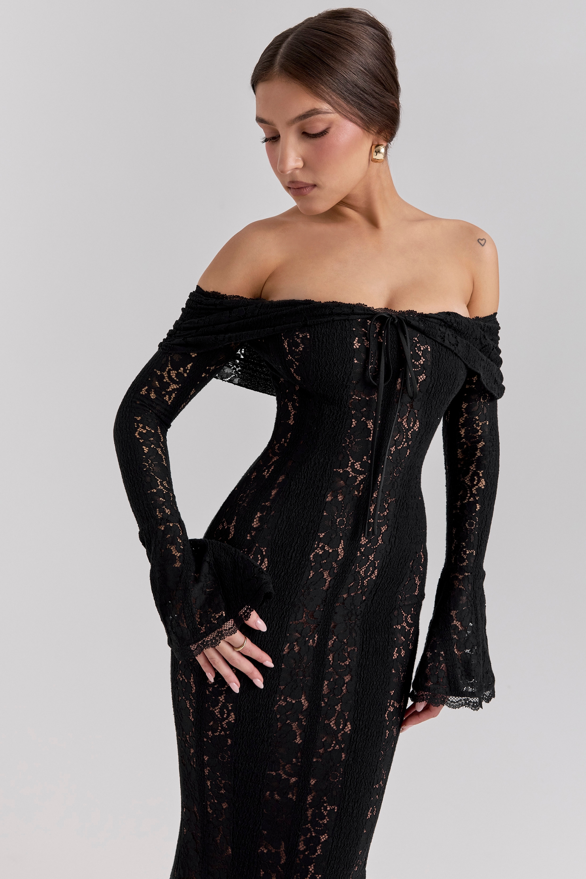 Belle  Black Off Shoulder Floral Lace Maxi Dress — image 6