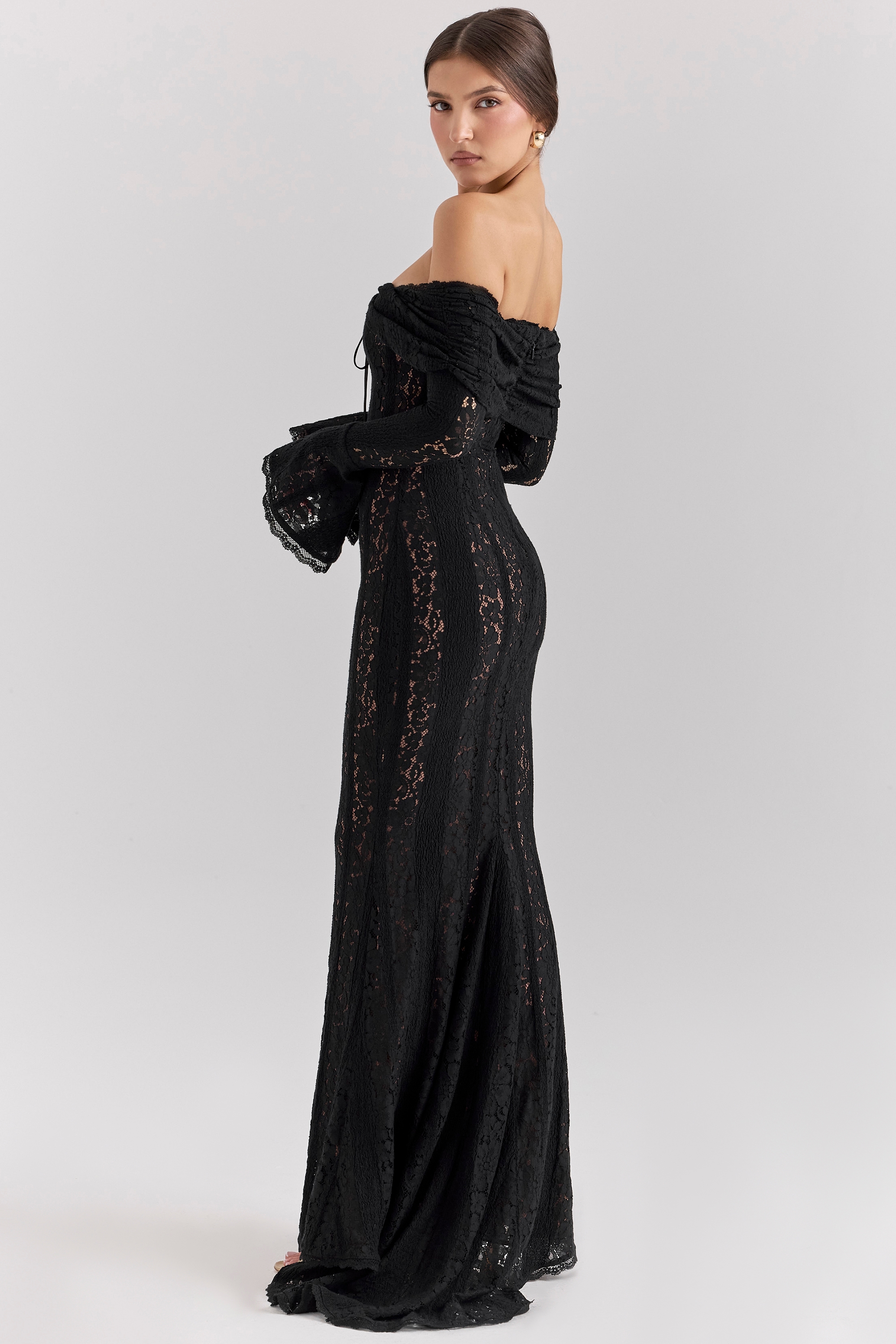 Belle  Black Off Shoulder Floral Lace Maxi Dress — image 8