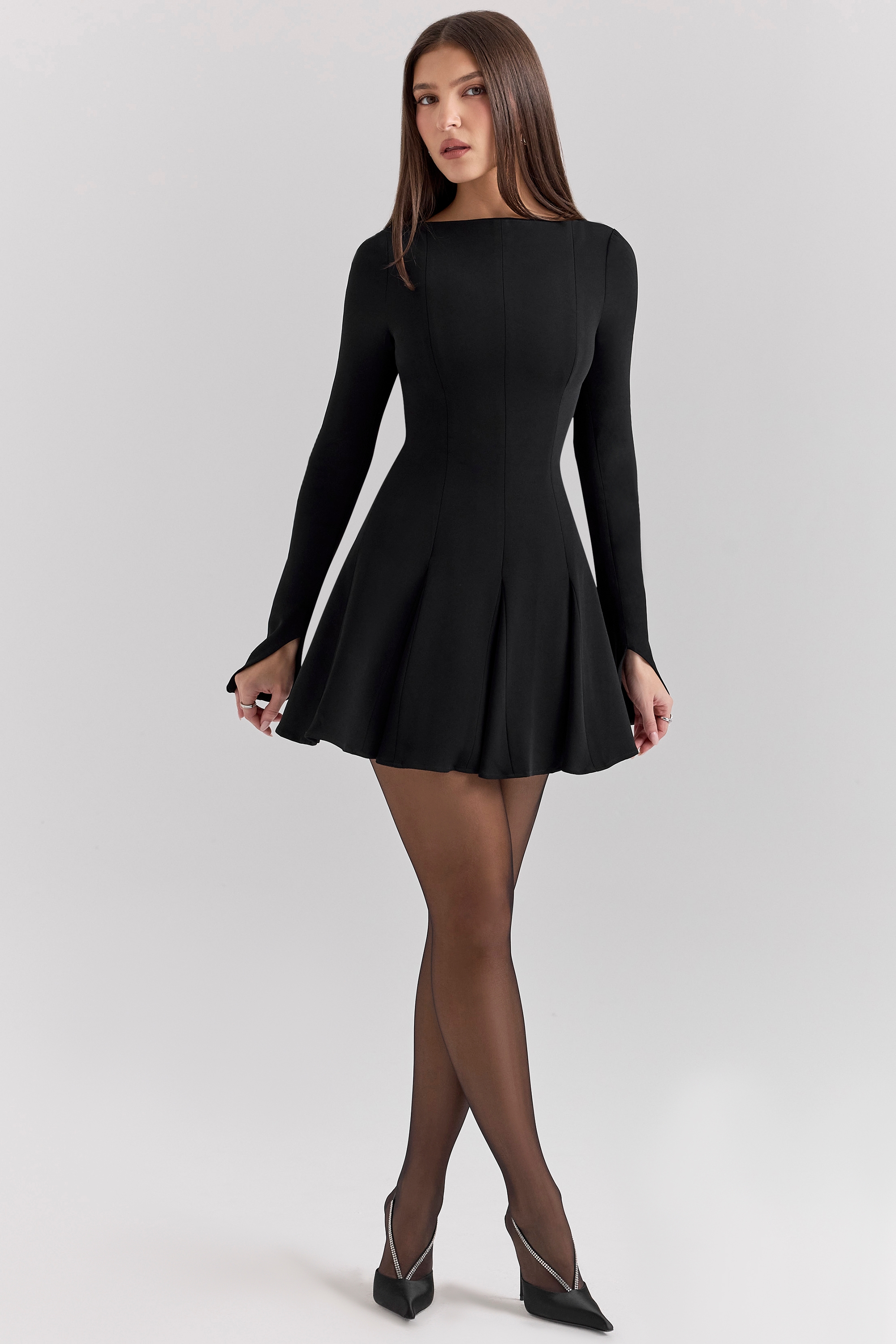 Francesca  Black Stretch Crepe Godet Mini Dress — image 3