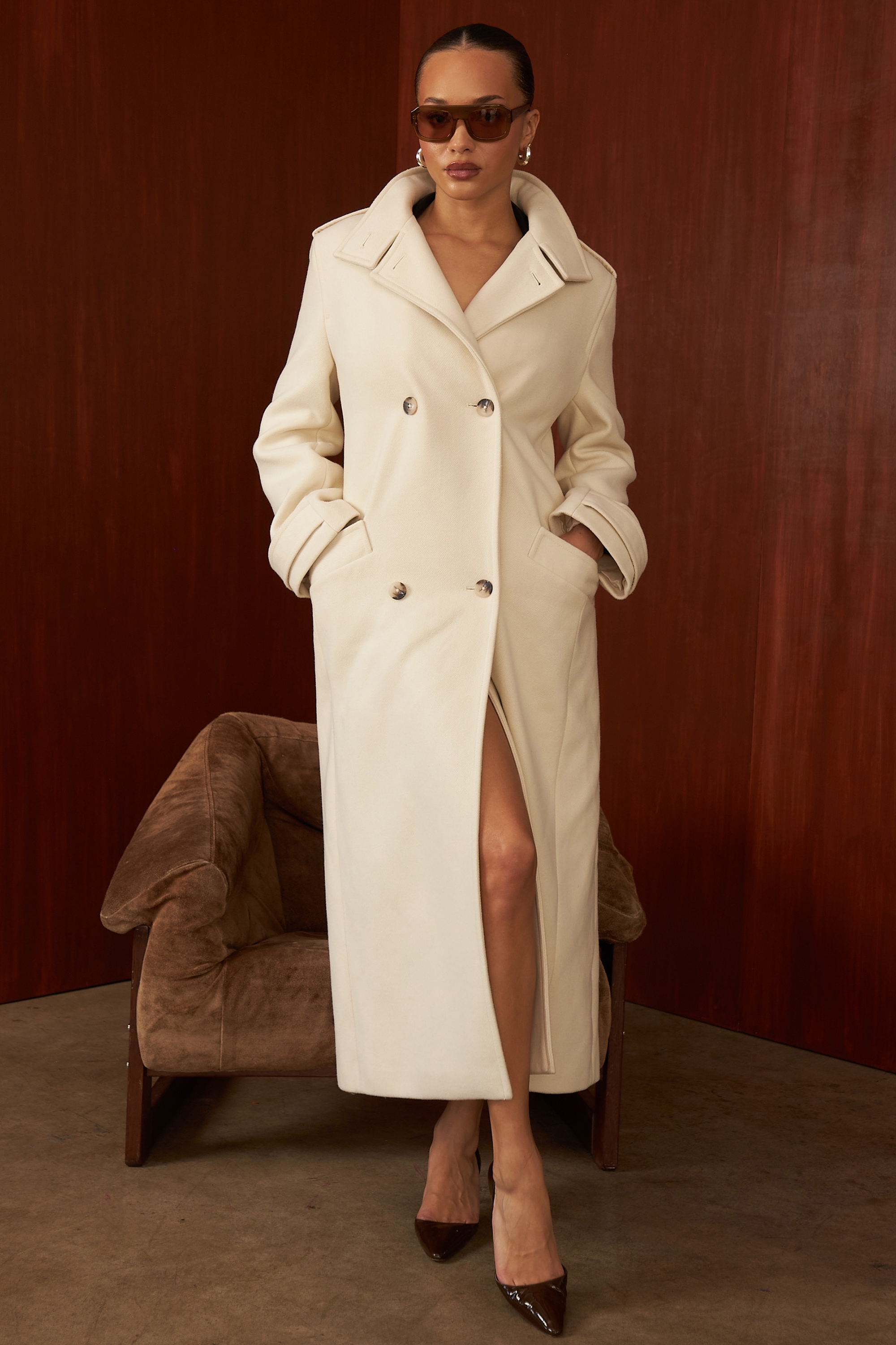 Sander  Cream Double Breasted Funnel Neck Coat — image 9