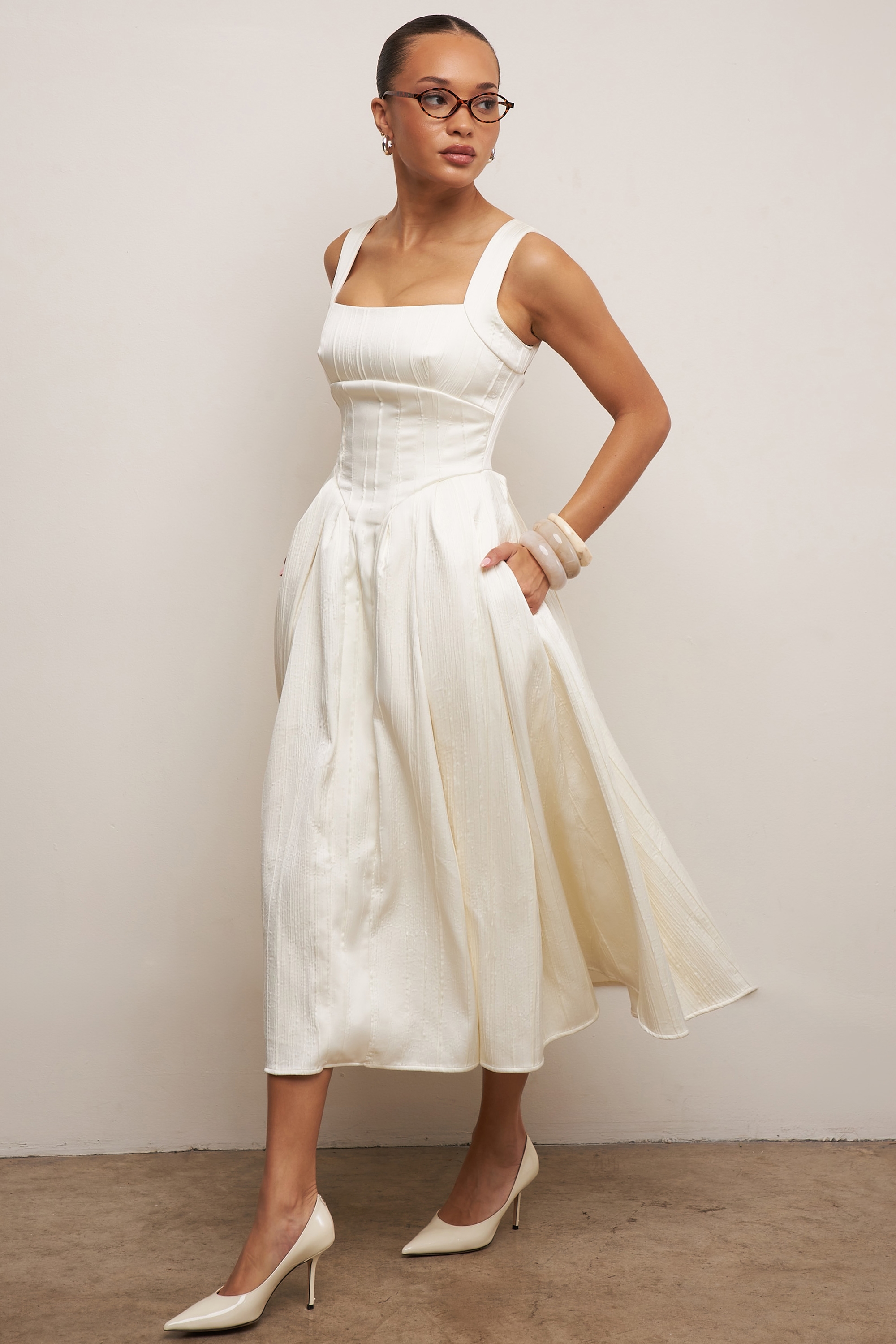 Isabeau  Ivory Textured Satin Corset Midi Dress — image 9