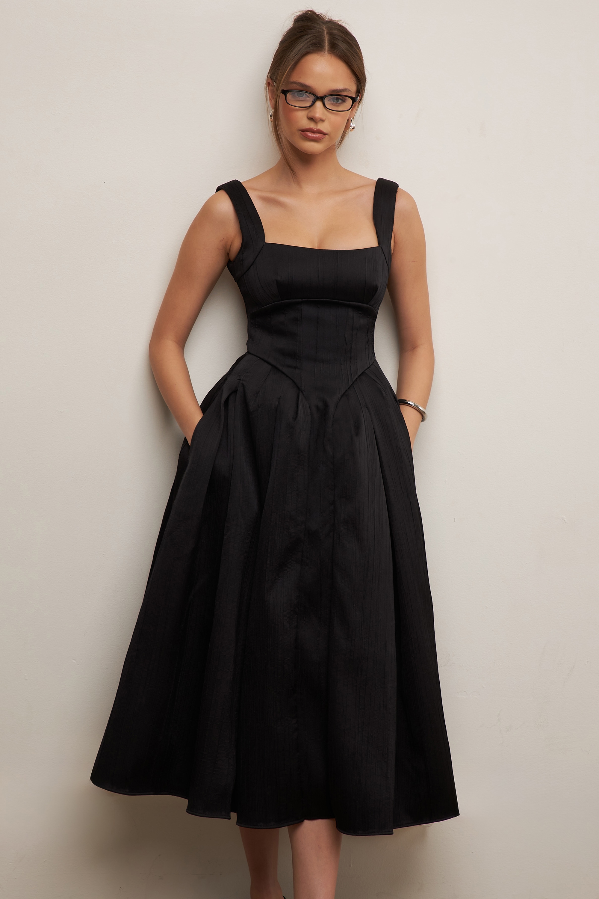 Isabeau  Black Textured Satin Corset Midi Dress — image 8