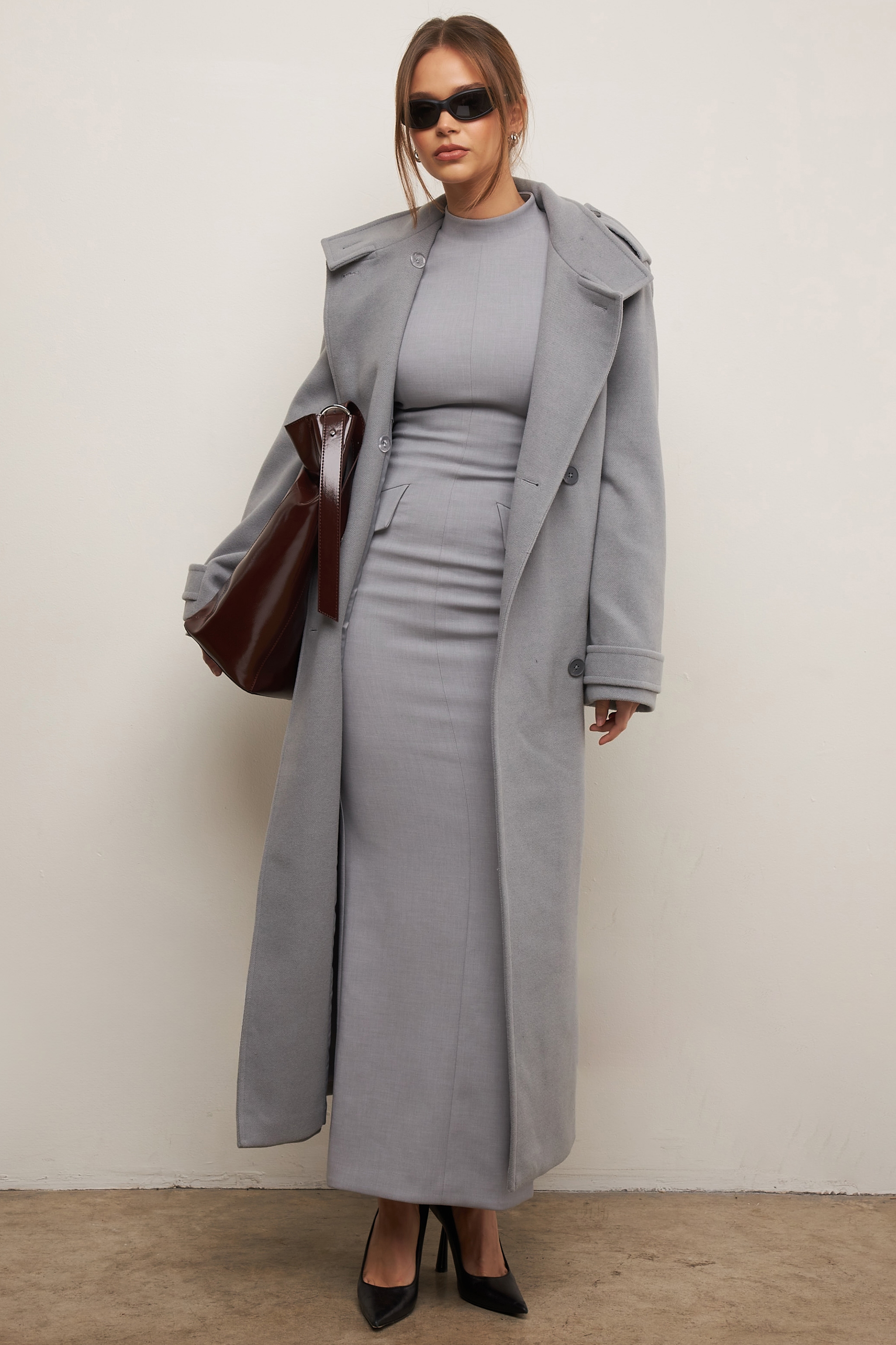 Sander  Grey Double Breasted Funnel Neck Coat — image 8