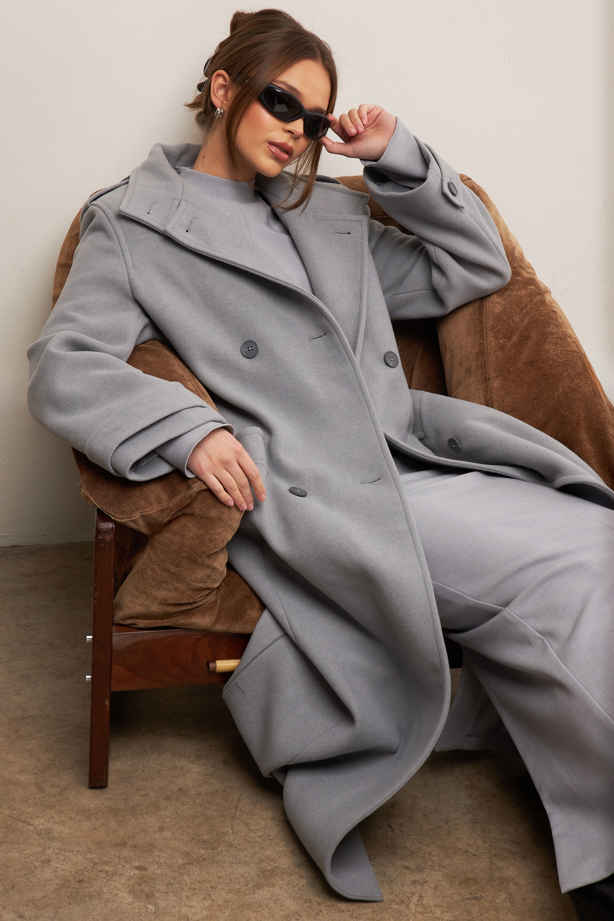 Sander  Grey Double Breasted Funnel Neck Coat — image 11