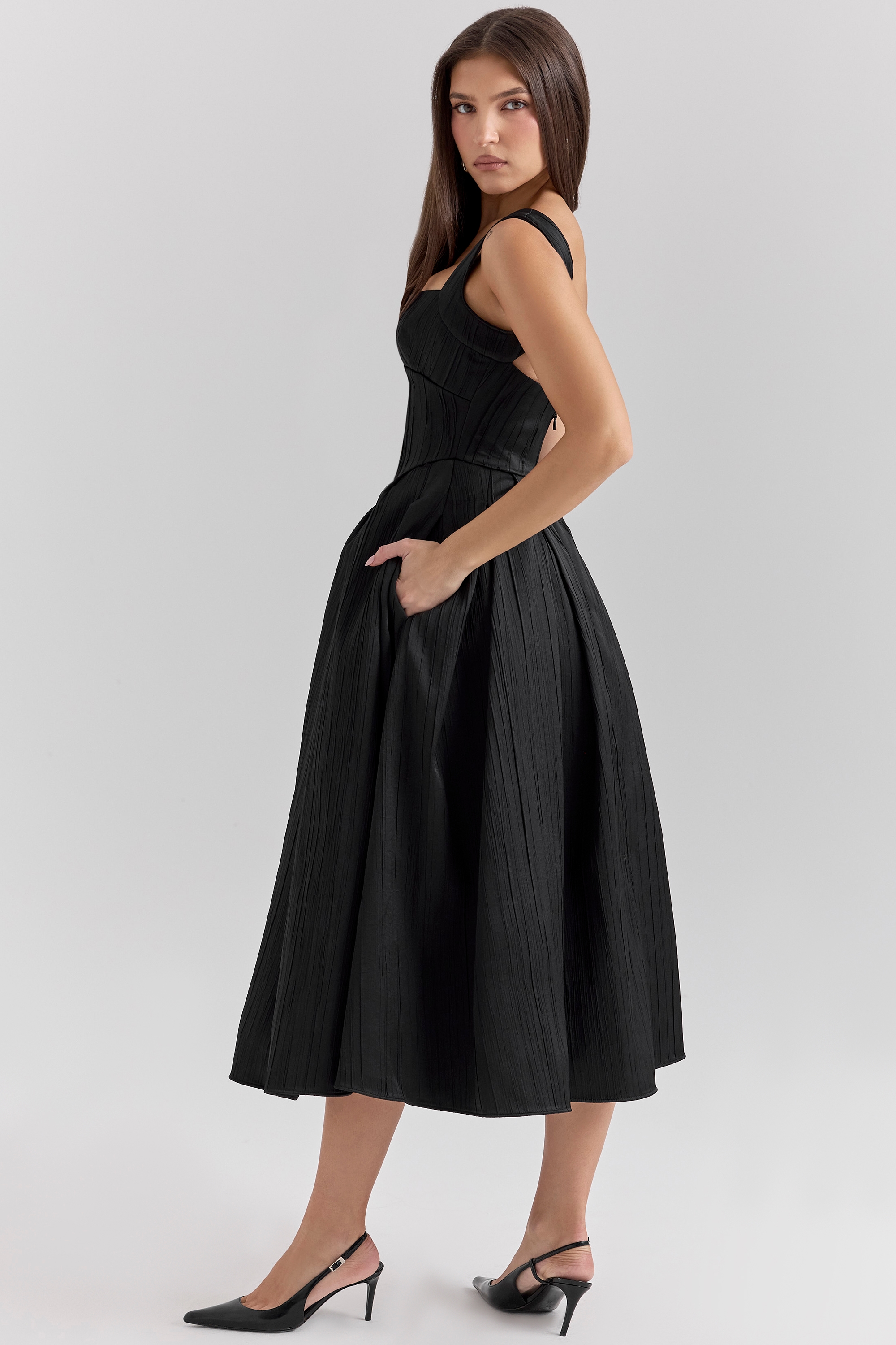 Isabeau  Black Textured Satin Corset Midi Dress — image 6