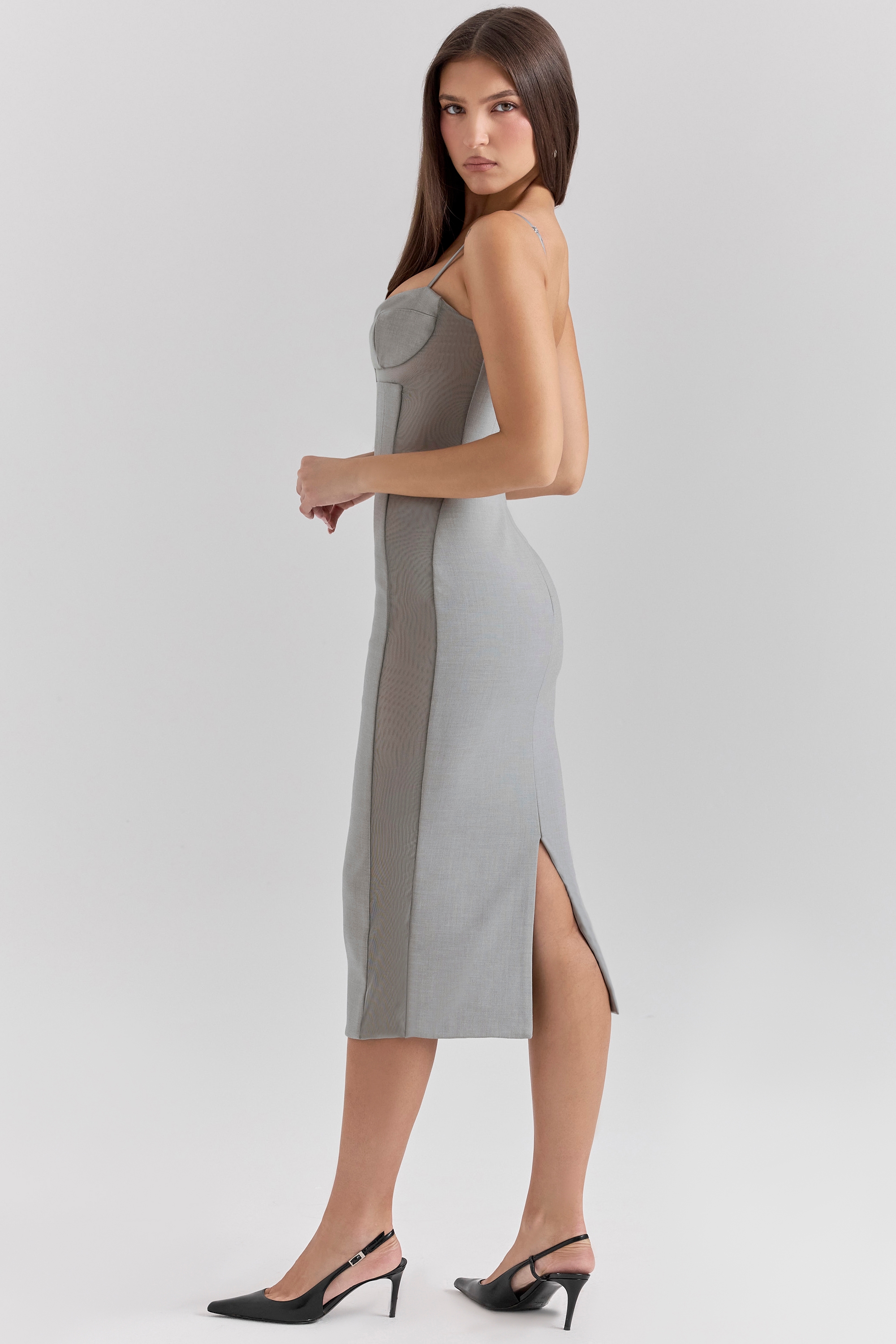 Kiki  Light Grey Mesh Panelled Bodycon Midi Dress — image 6