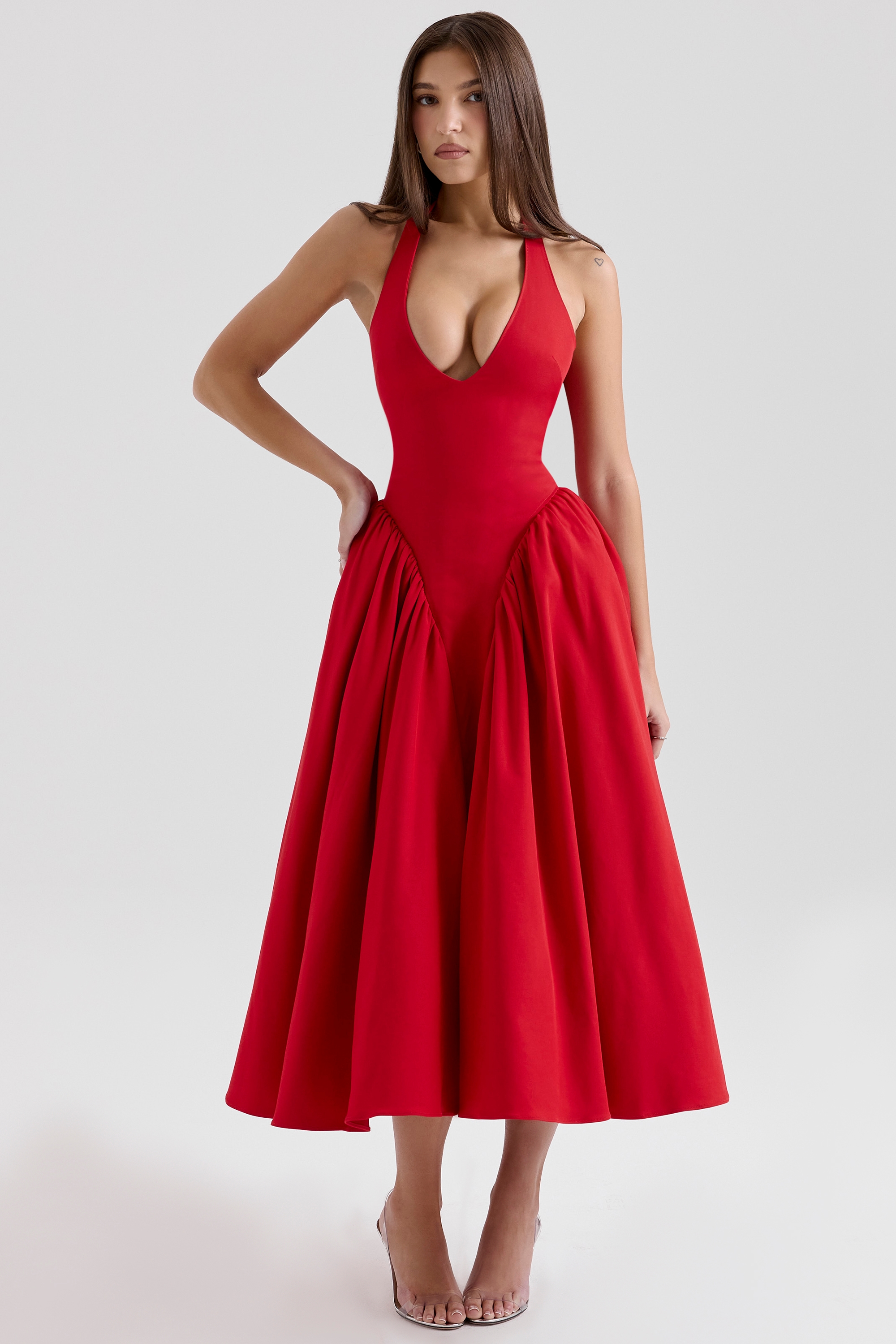 Marilyn  Red Twill Halter Midi Dress — image 3