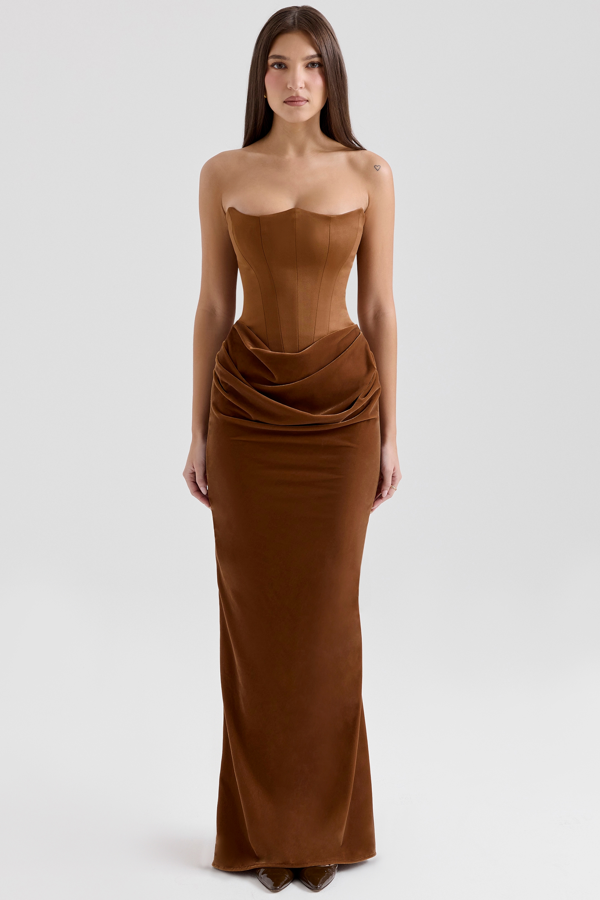 Persephone  Coffee Velvet Strapless Corset Maxi Dress — image 3