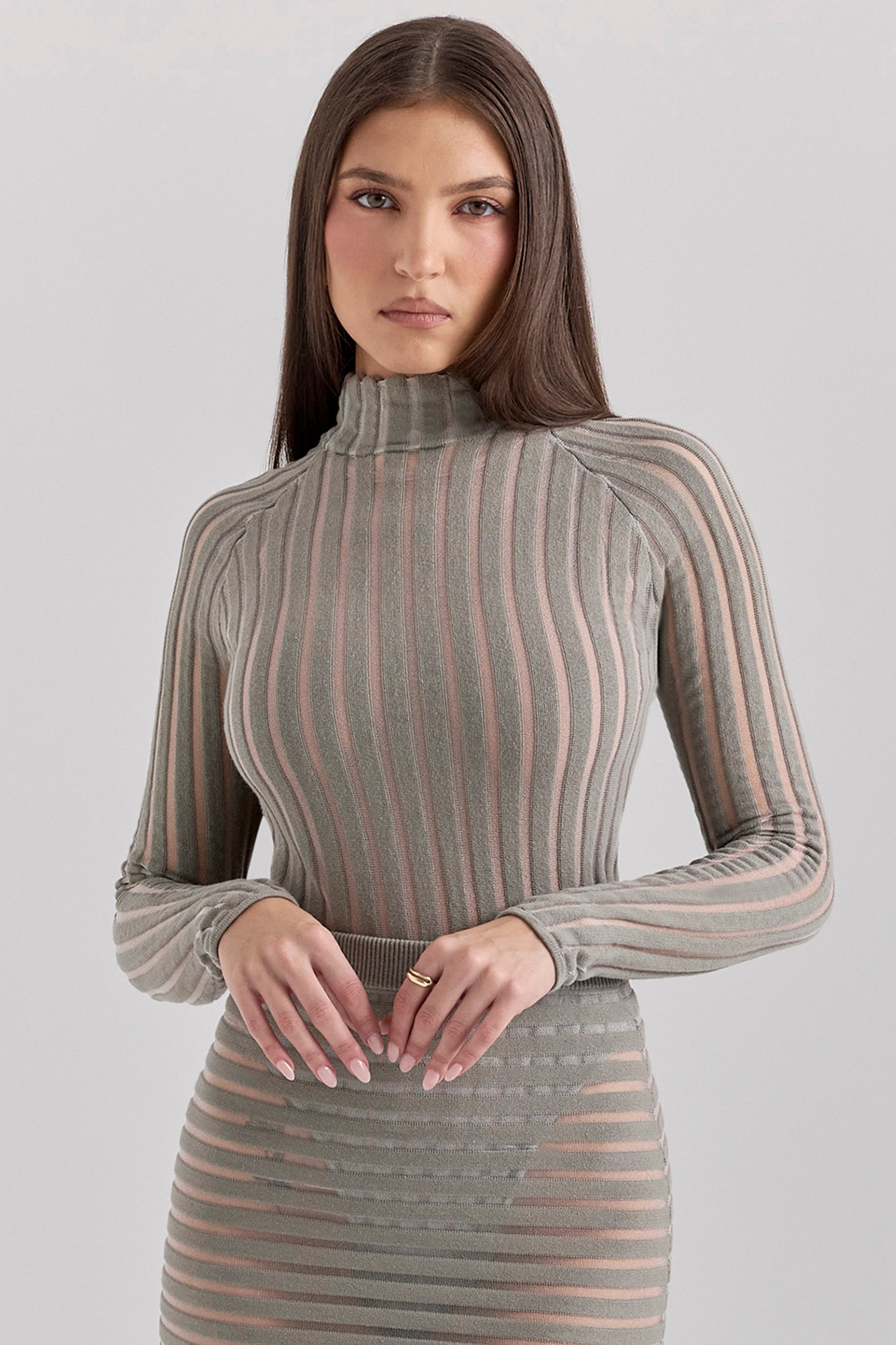 Rowena  Grey Velour Sheer Striped Bodysuit — image 6