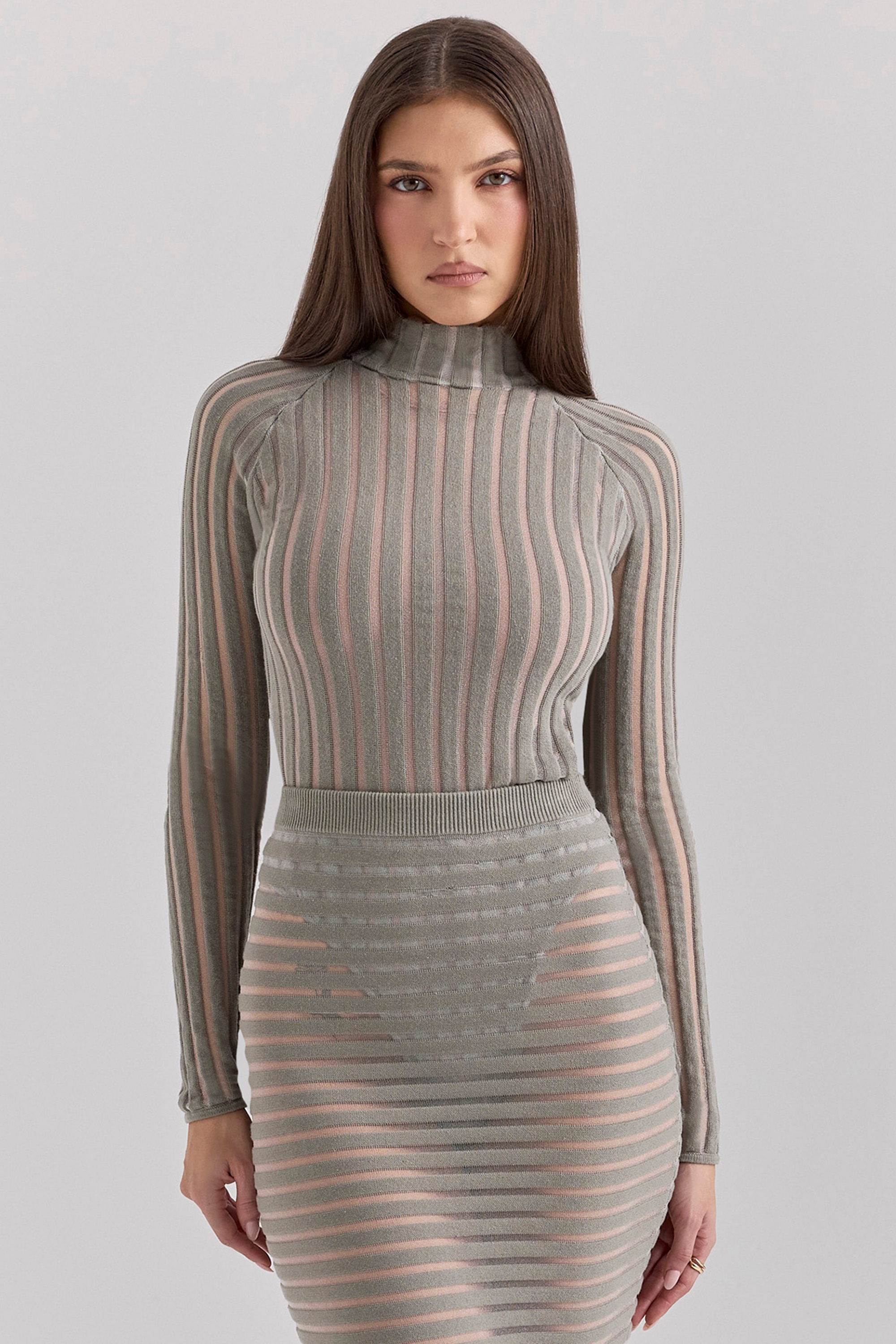 Rowena  Grey Velour Sheer Striped Bodysuit — image 5