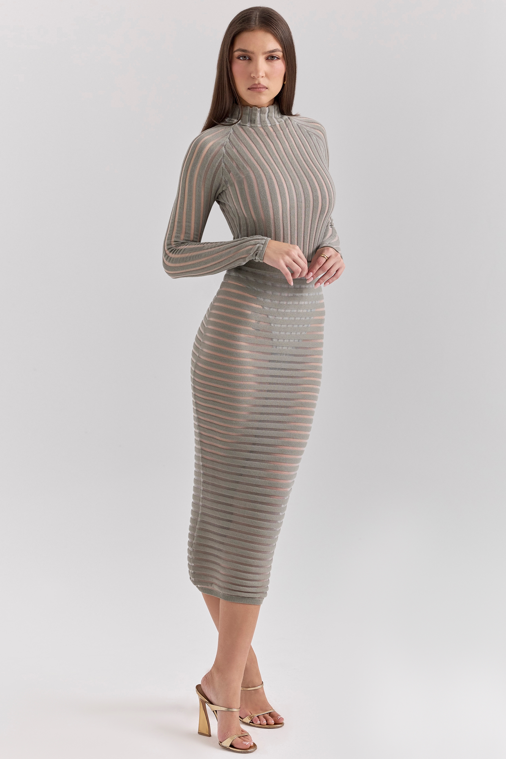 Margo  Grey Velour Sheer Striped Midi Skirt — image 6