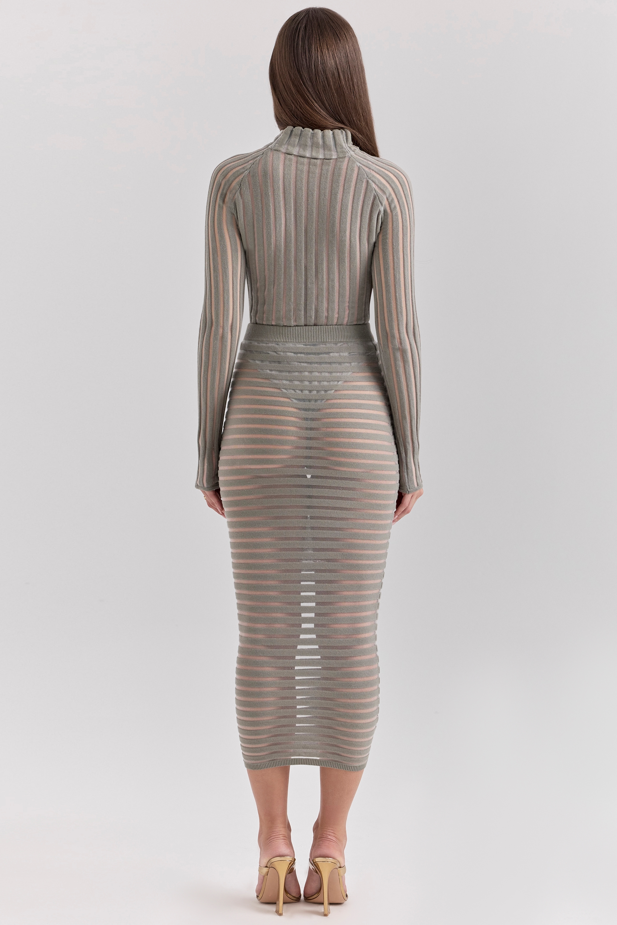 Margo  Grey Velour Sheer Striped Midi Skirt — image 8