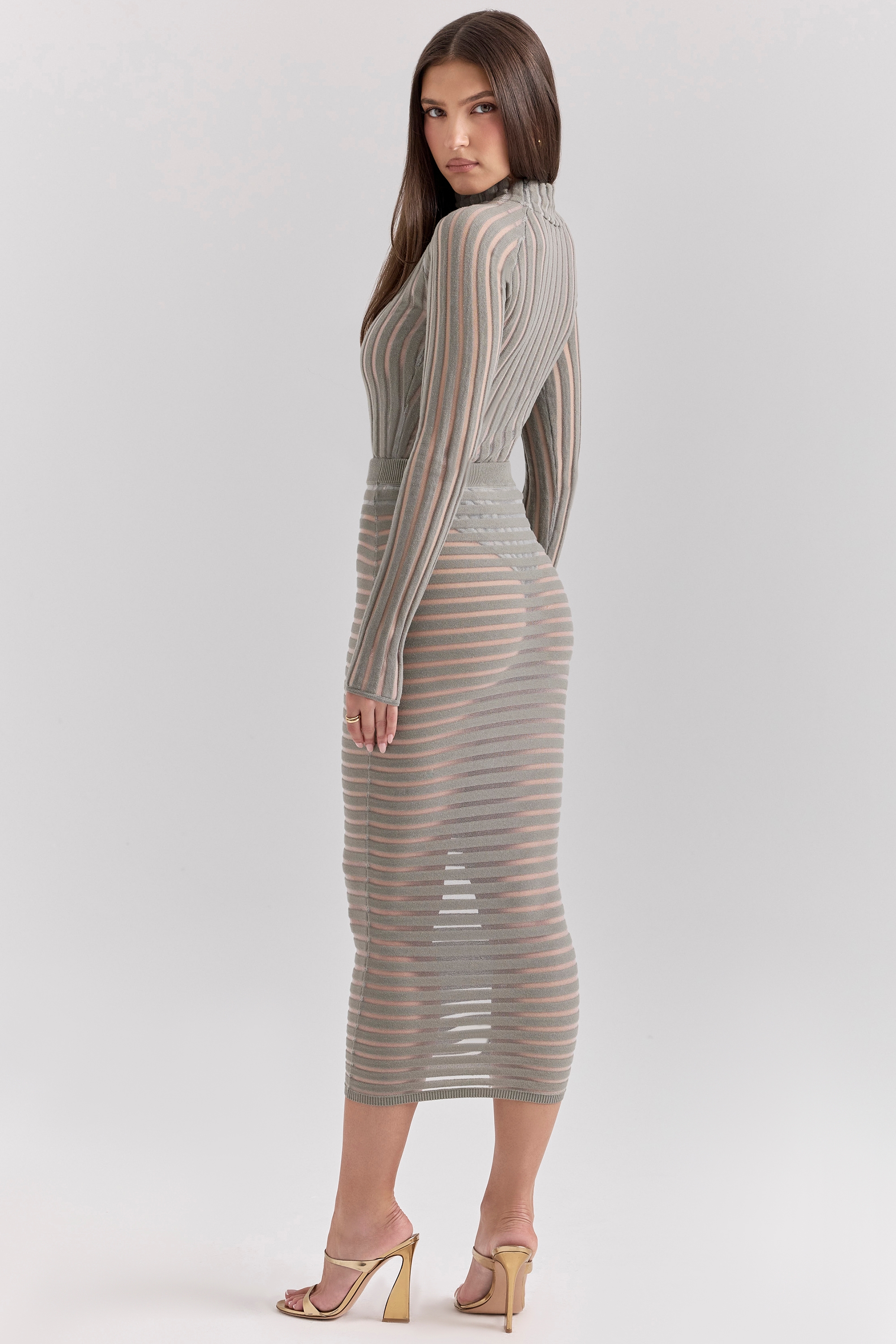 Margo  Grey Velour Sheer Striped Midi Skirt — image 7