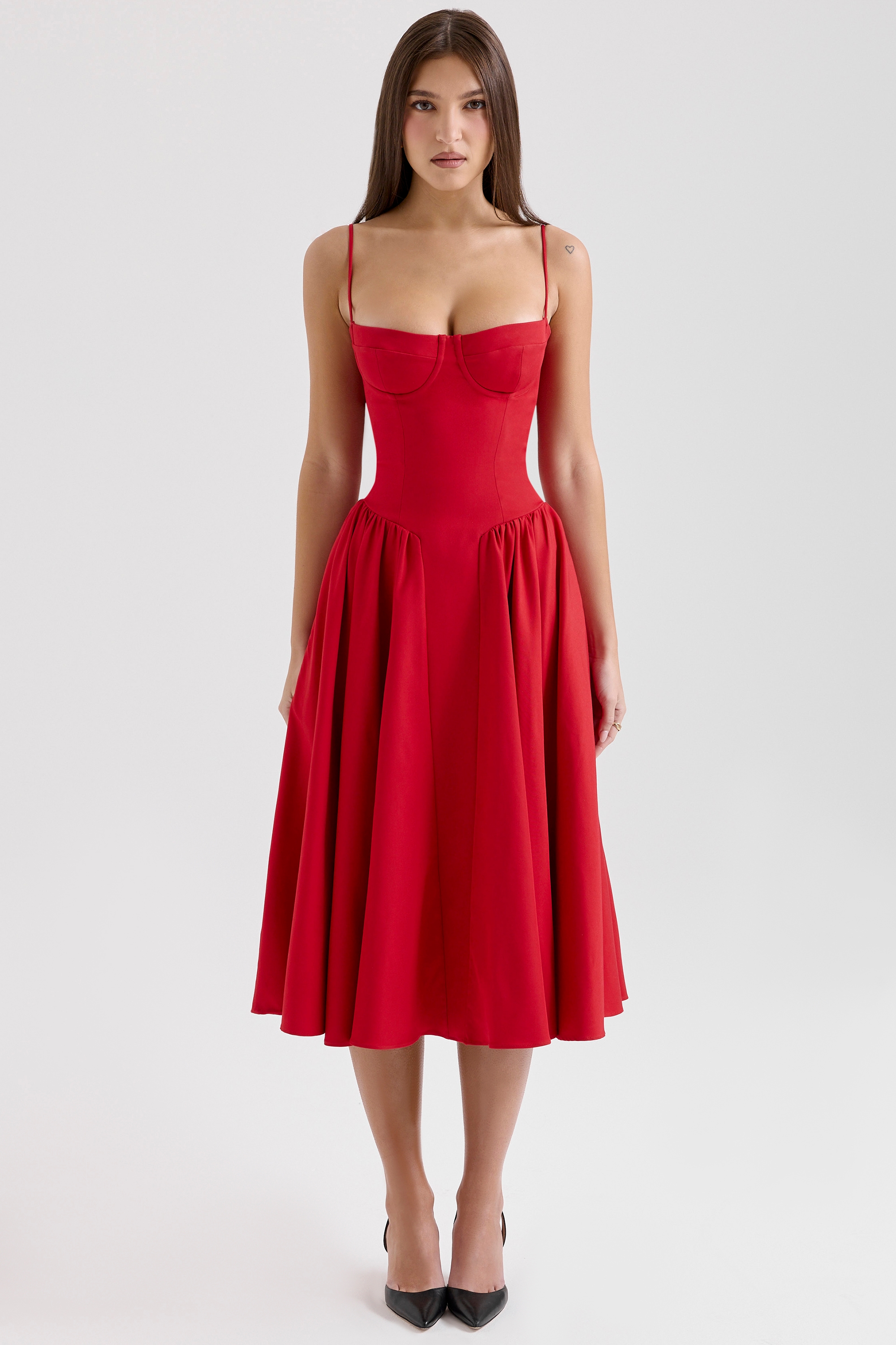 Samaria  Red Gathered Midi Dress — image 3