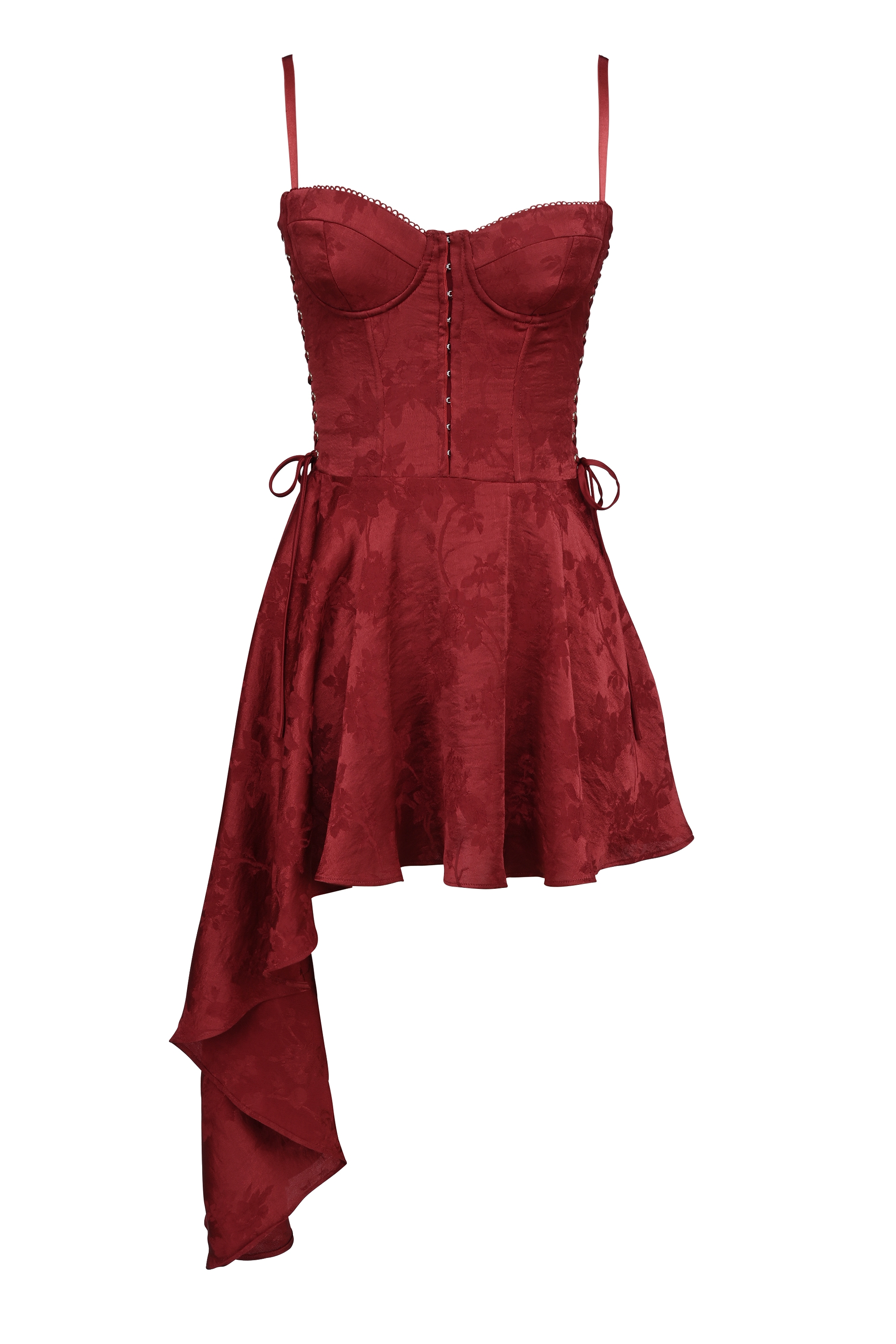Lola  Wine Jacquard Satin Draped Mini Dress — image 12
