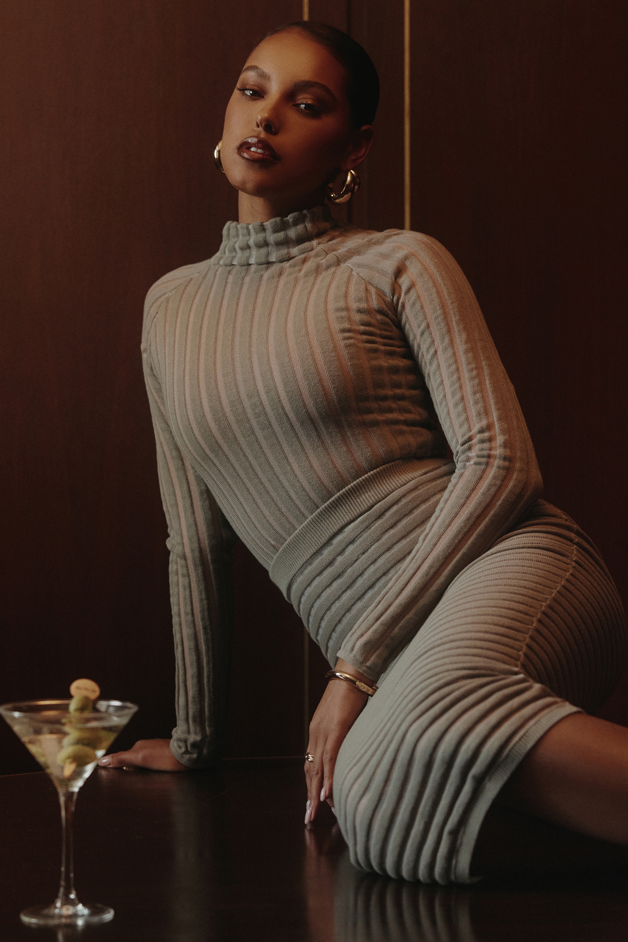 Rowena  Grey Velour Sheer Striped Bodysuit — image 2