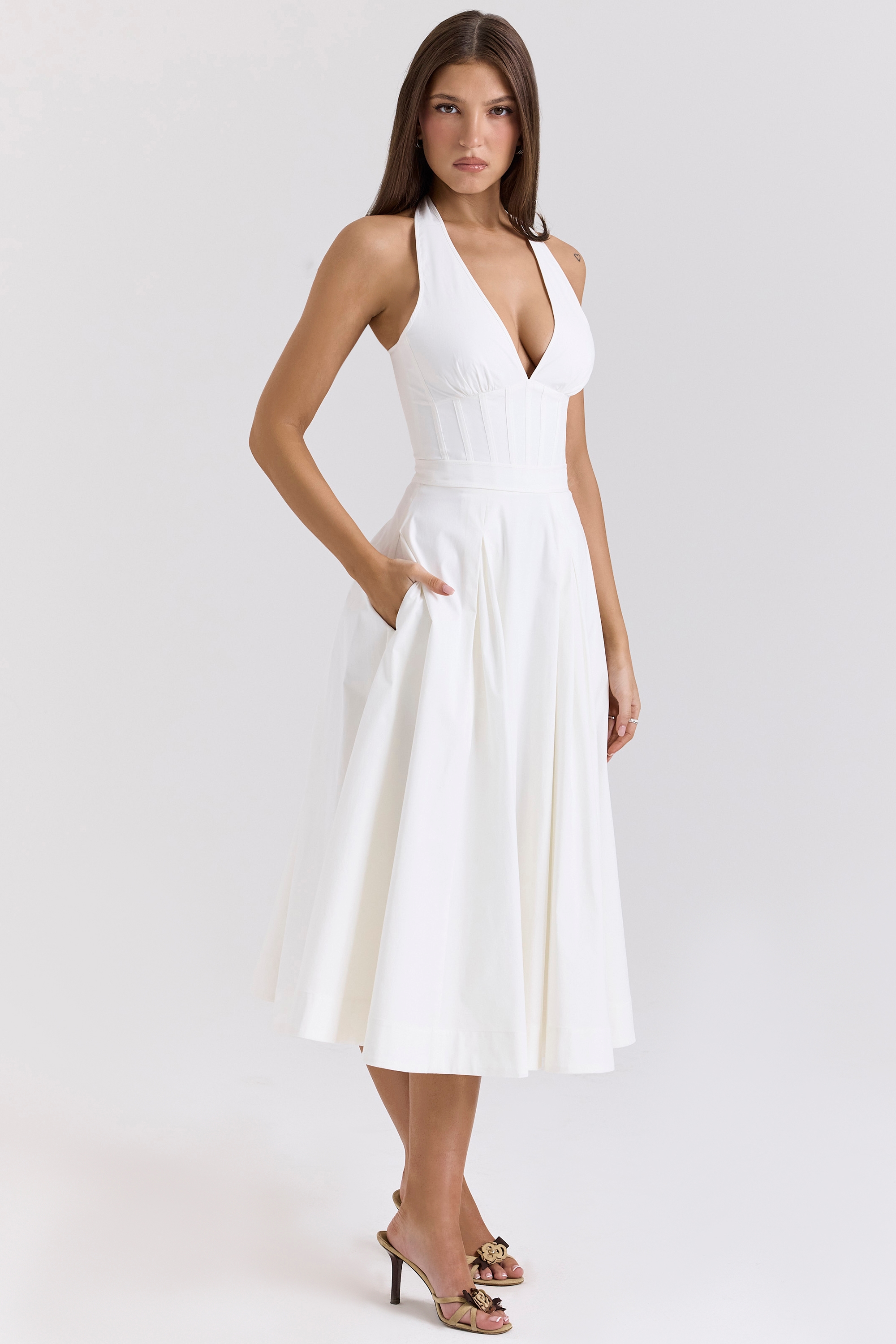 Allena  White Stretch Cotton Halter Midi Sundress — image 5