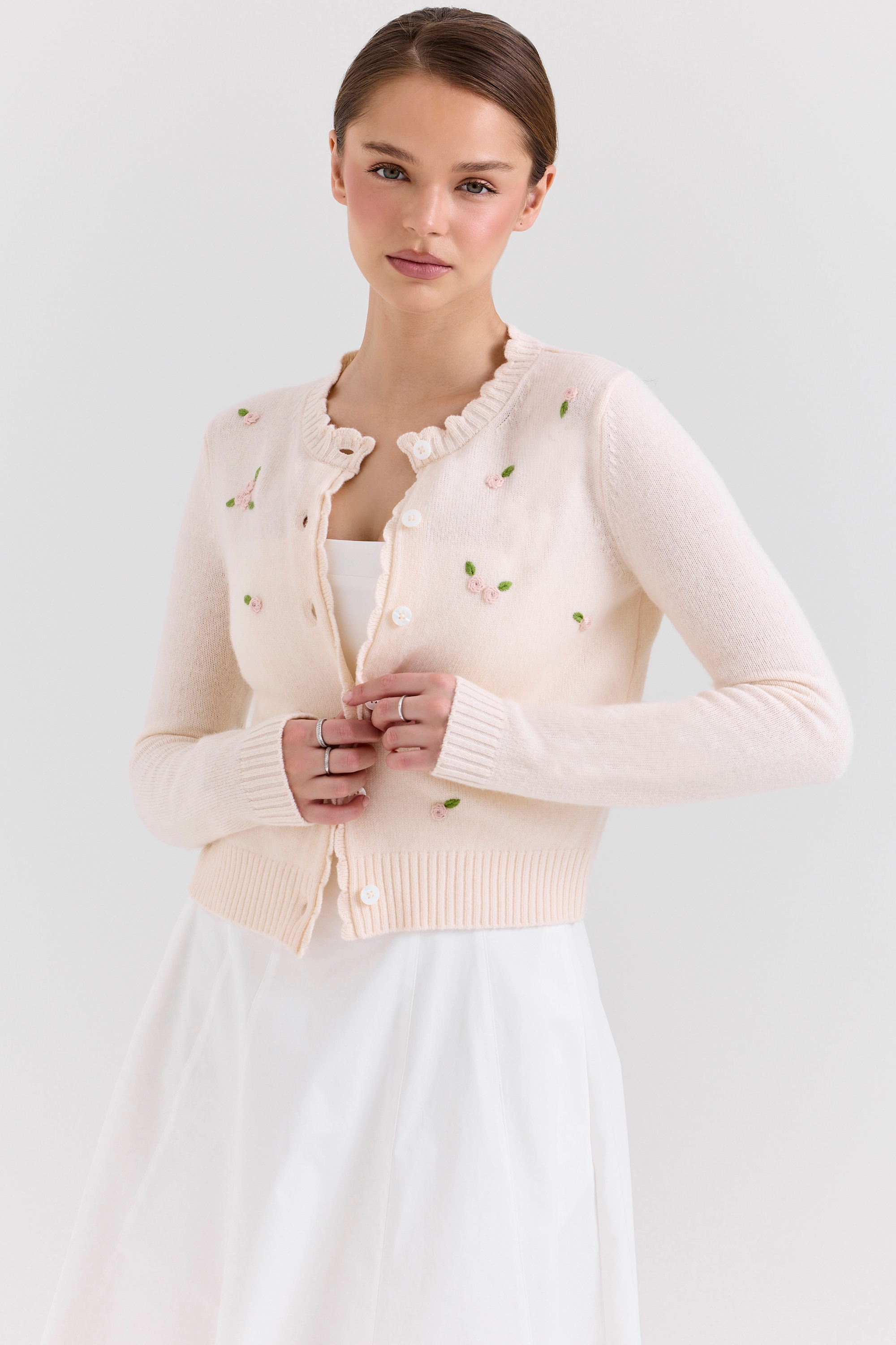 Anjou  Cream Lambswool Rose Embroidered Cardigan — image 3